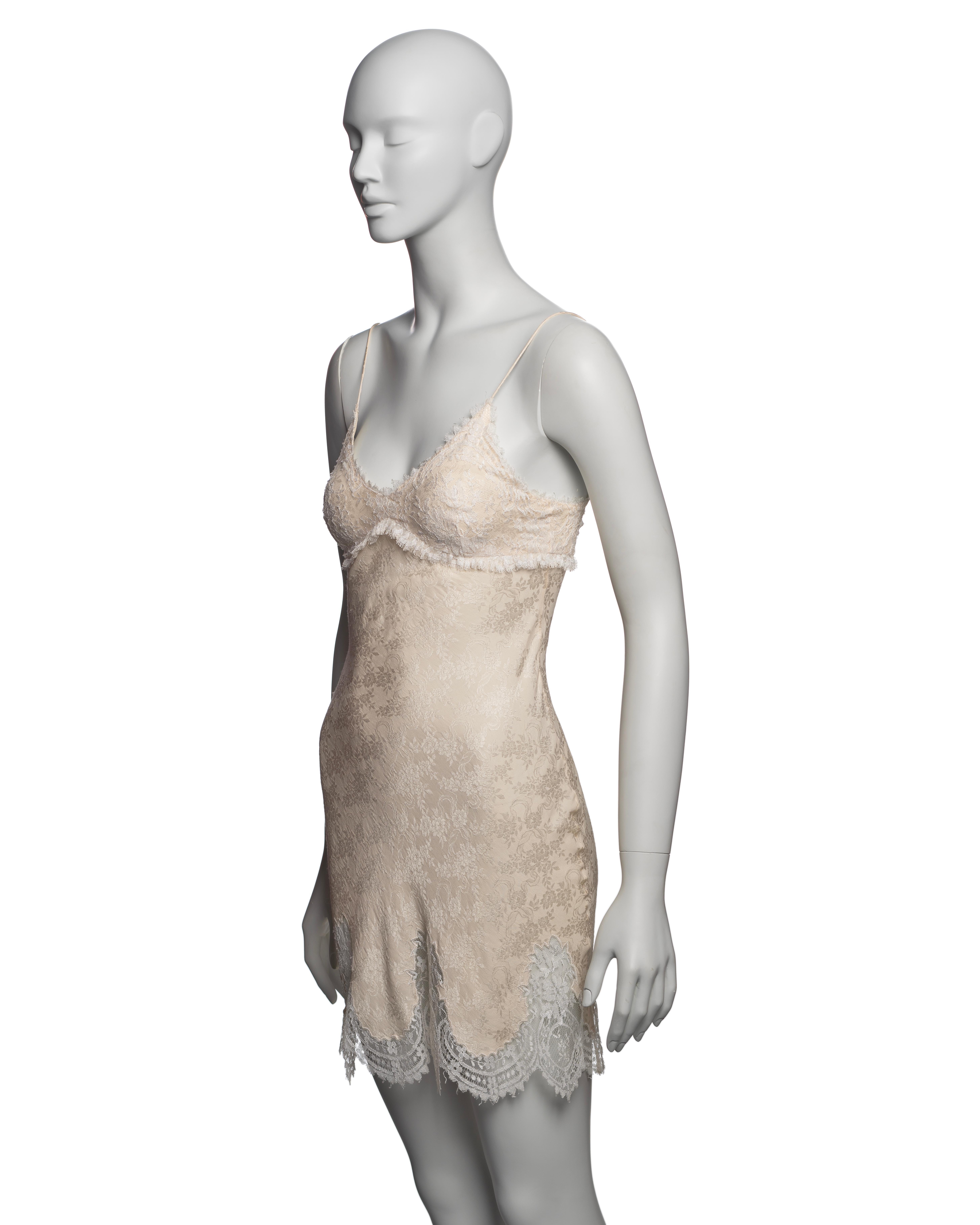 John Galliano Ivory Floral Silk Damask Mini Slip Dress with Lace Trim, SS 1998 For Sale 4
