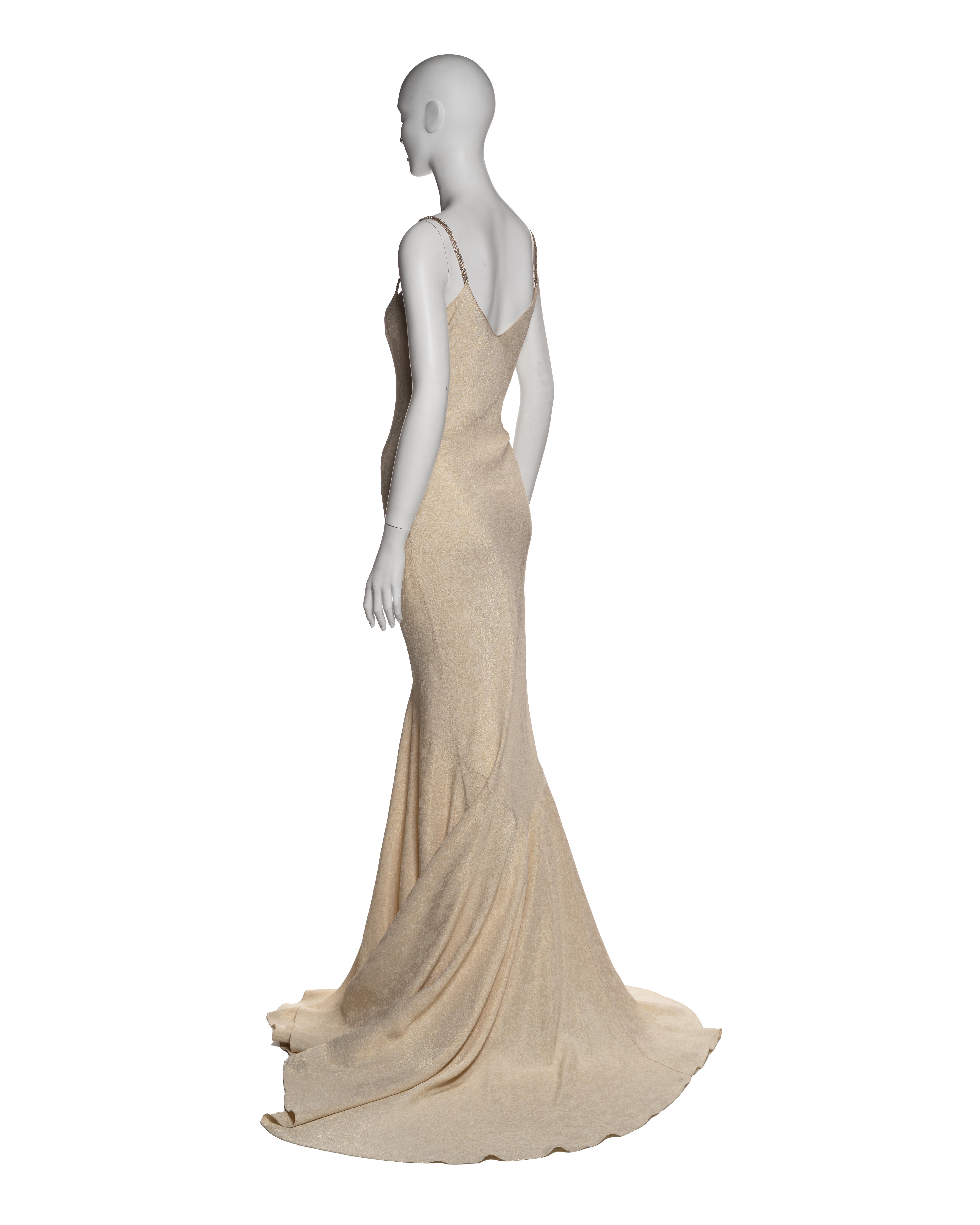 John Galliano Elfenbeinfarbenes Metallic-Jacquard-Slipkleid mit Strassriemen in Strass, F/S 2003 im Angebot 5