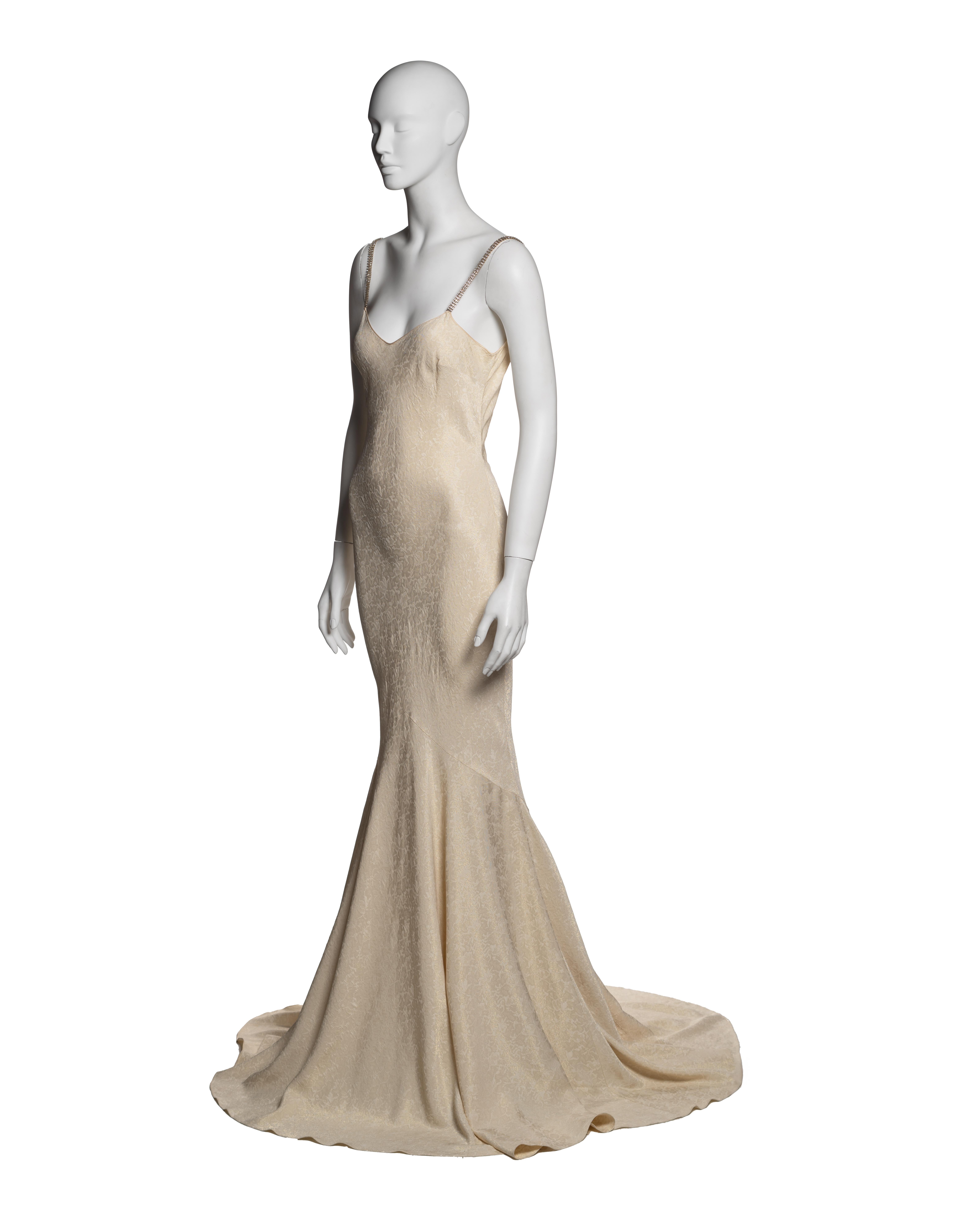 John Galliano Elfenbeinfarbenes Metallic-Jacquard-Slipkleid mit Strassriemen in Strass, F/S 2003 im Angebot 6
