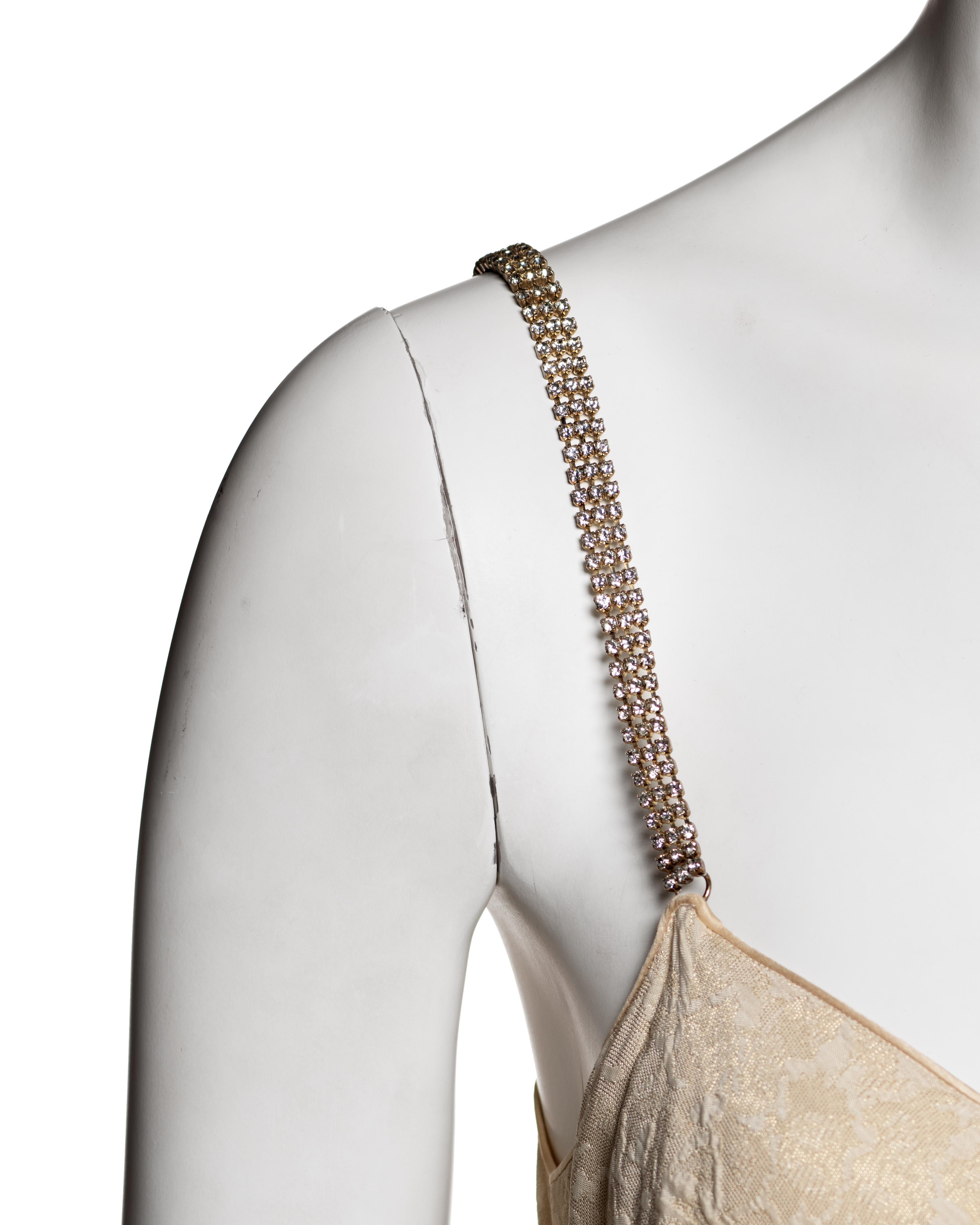 John Galliano Elfenbeinfarbenes Metallic-Jacquard-Slipkleid mit Strassriemen in Strass, F/S 2003 im Zustand „Hervorragend“ im Angebot in London, GB