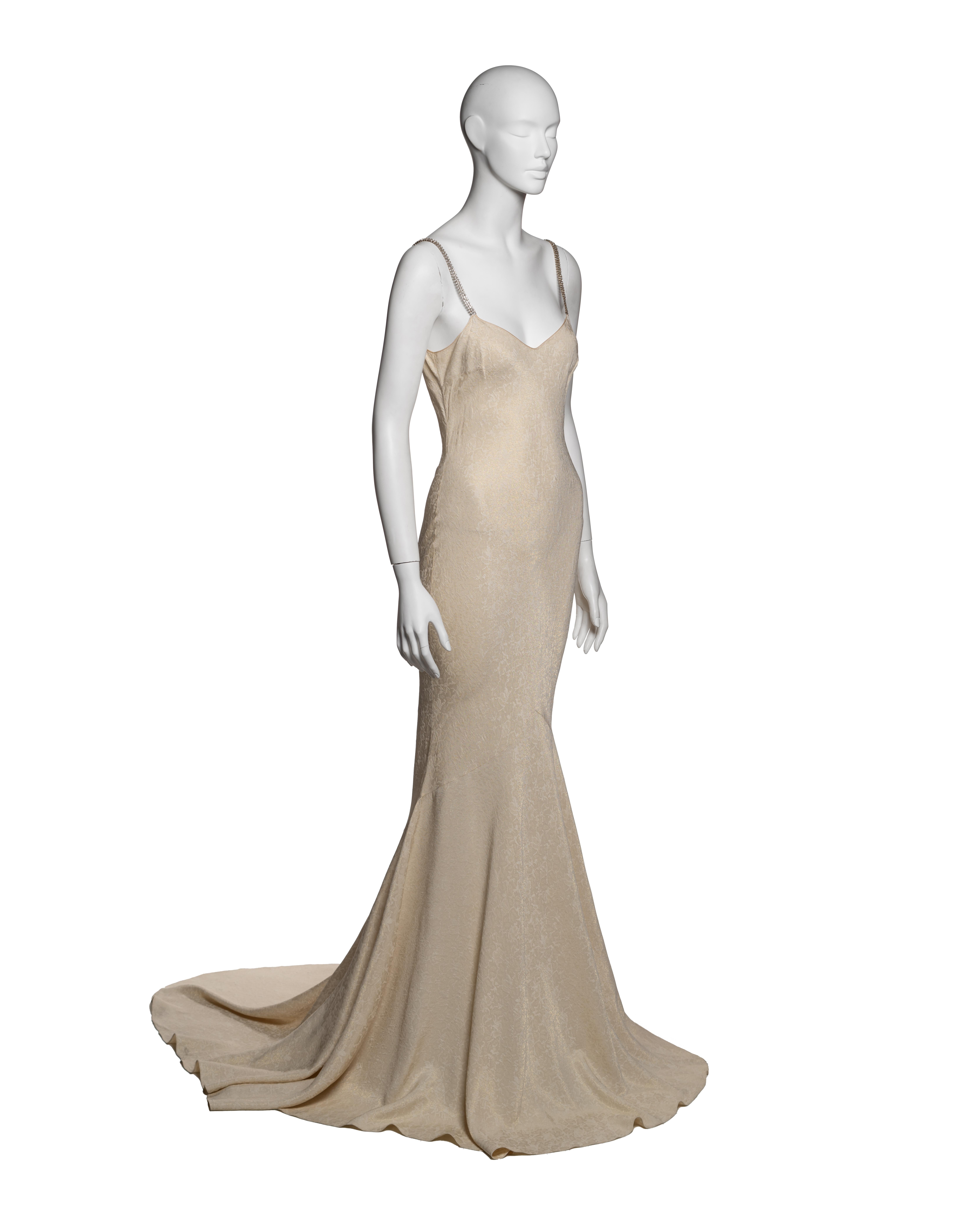 John Galliano Elfenbeinfarbenes Metallic-Jacquard-Slipkleid mit Strassriemen in Strass, F/S 2003 Damen im Angebot