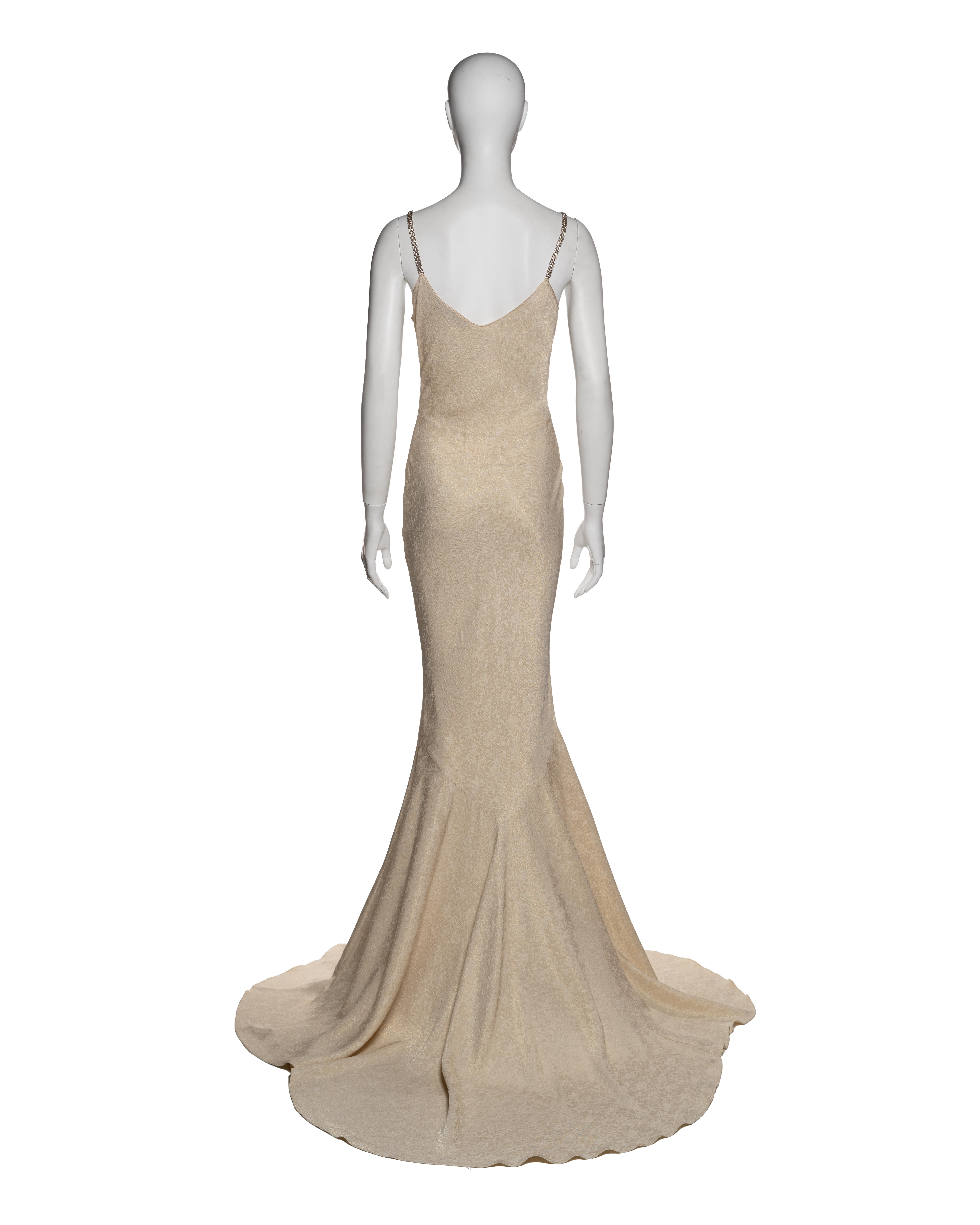 John Galliano Elfenbeinfarbenes Metallic-Jacquard-Slipkleid mit Strassriemen in Strass, F/S 2003 im Angebot 4