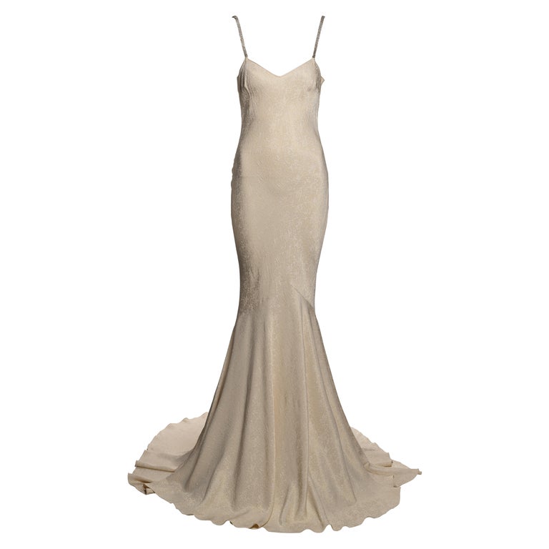 John Galliano Ivory Metallic Jacquard Slip Dress with Rhinestone Straps, SS  2003 For Sale at 1stDibs