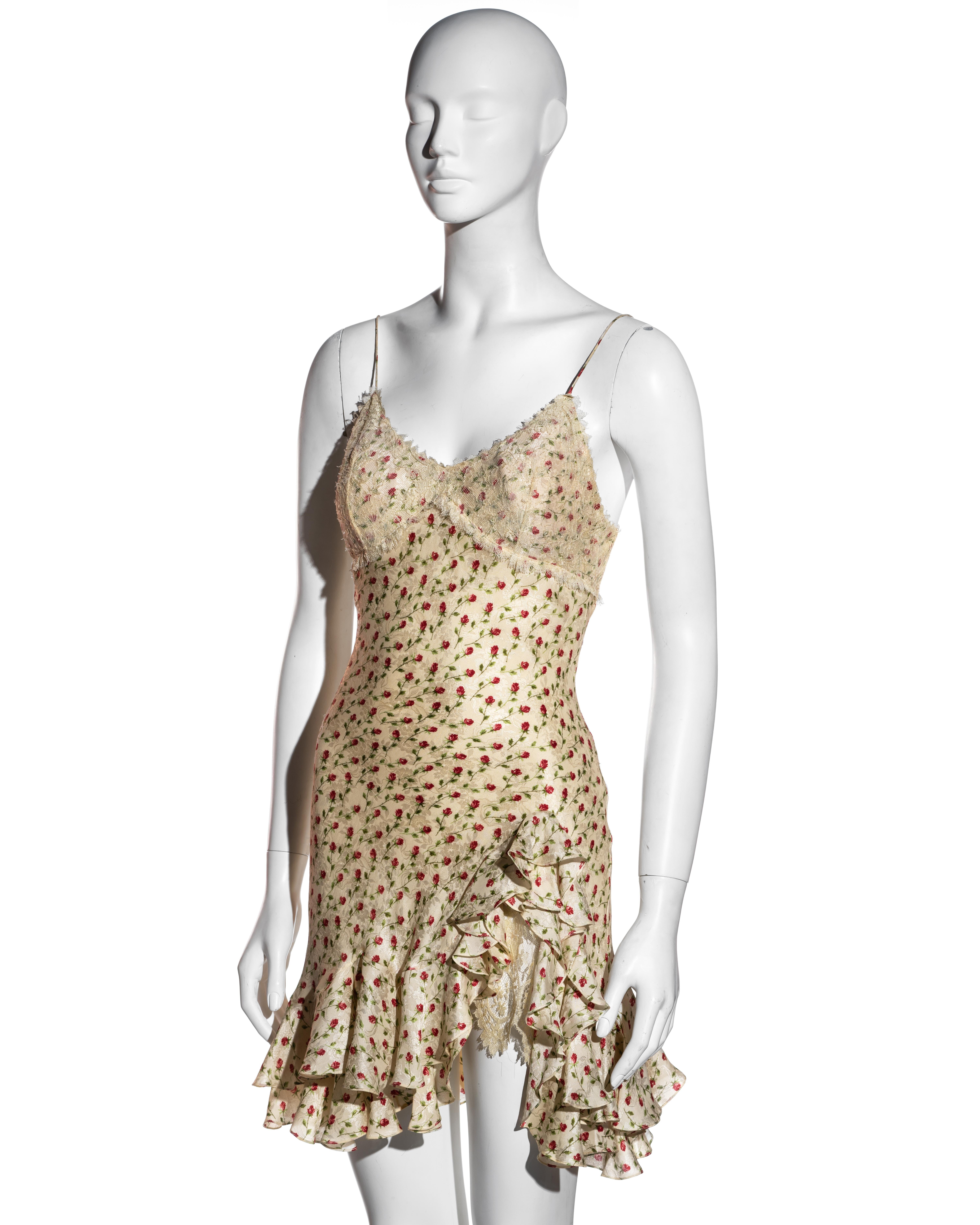 Women's John Galliano Ivory Silk Jacquard Mini Dress With Chantilly Lace, ss 1997