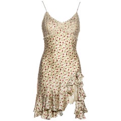 Vintage John Galliano Ivory Silk Jacquard Mini Dress With Chantilly Lace, ss 1997