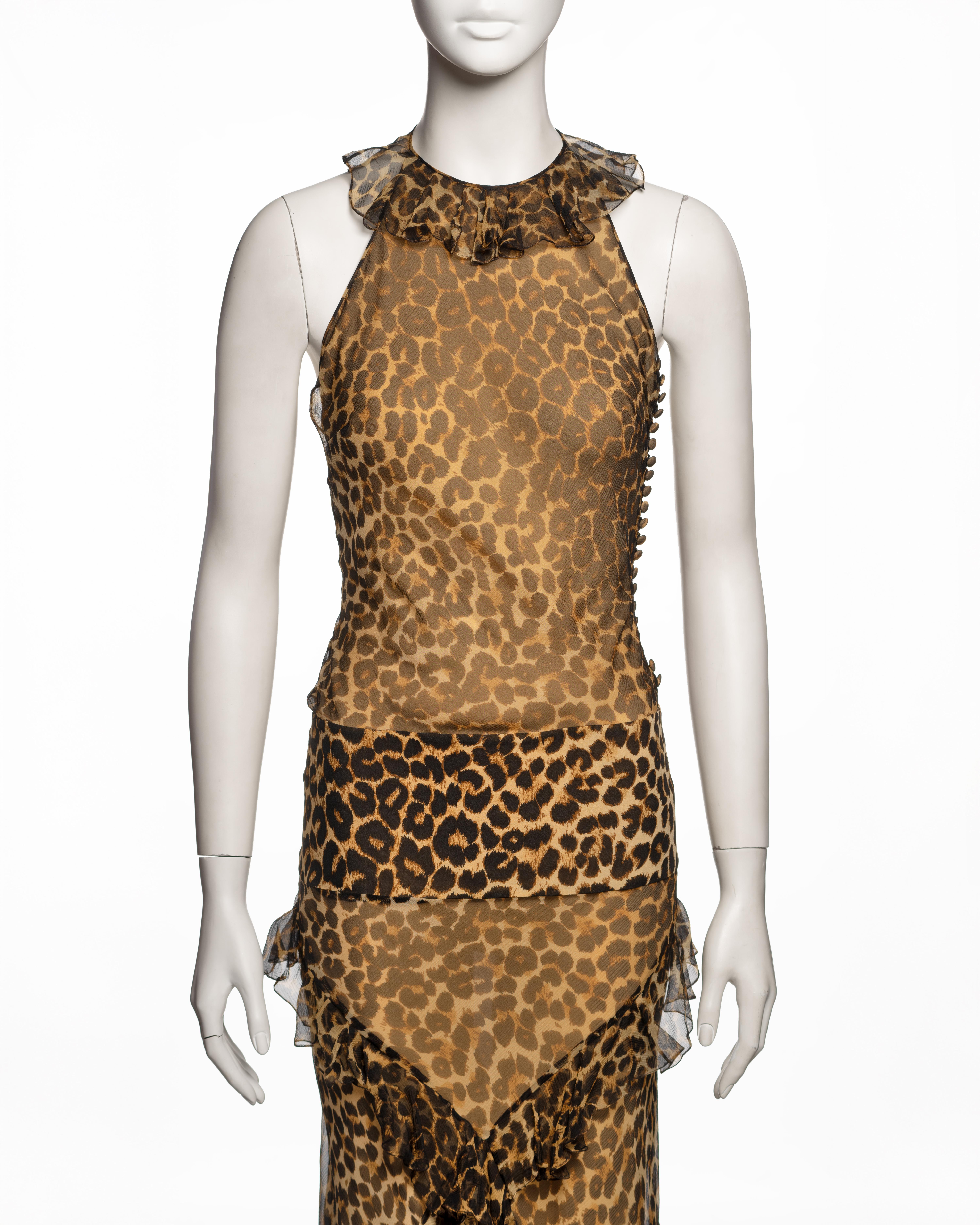 Marron John Galliano, robe midi en mousseline de soie imprimée léopard, automne-hiver 2002 en vente