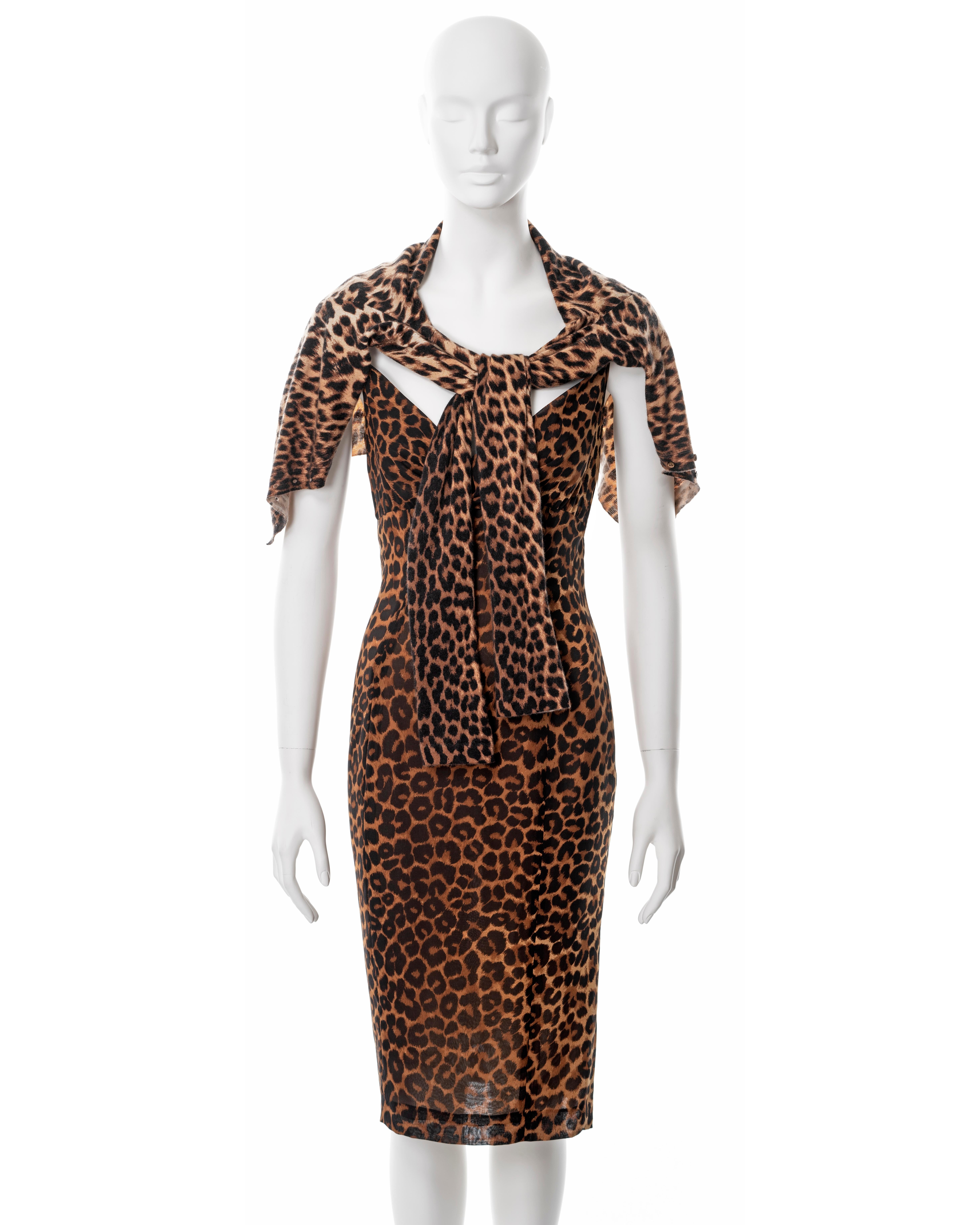 ▪ John Galliano slip dress and cardigan set
▪ Sold by One of a Kind Archive
▪ Spring-Summer 1999
▪ Slip dress constructed from leopard printed 100% Silk 
▪ Cardigan constructed from leopard print 100% Cashmere  
▪ Cowl neck 
▪ Spaghetti straps 
▪