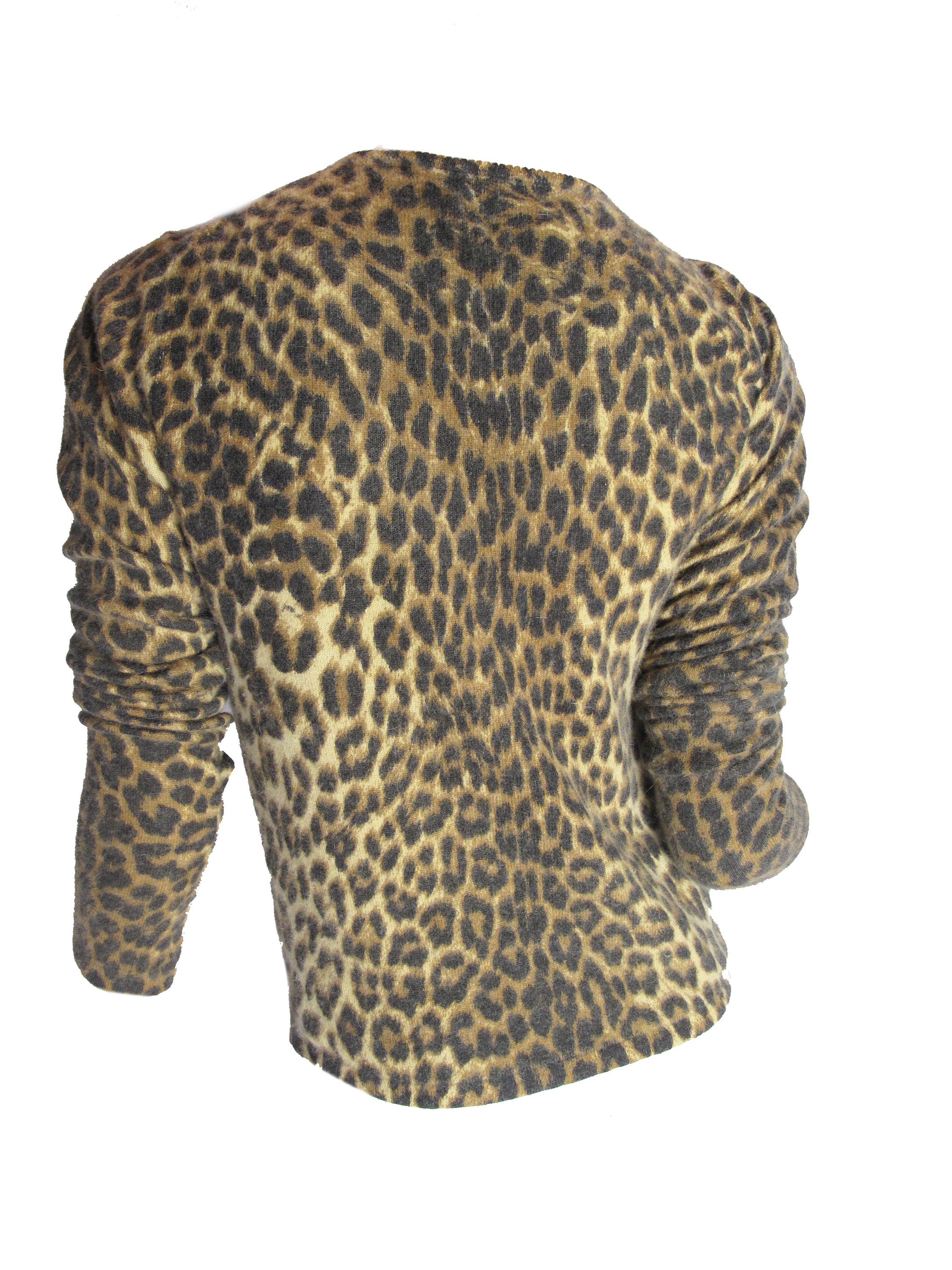 John Galliano brown and black lightweight leopard printed angora and wool cardigan. Button closures in front. Condition: Very good, tag semi detached.  36