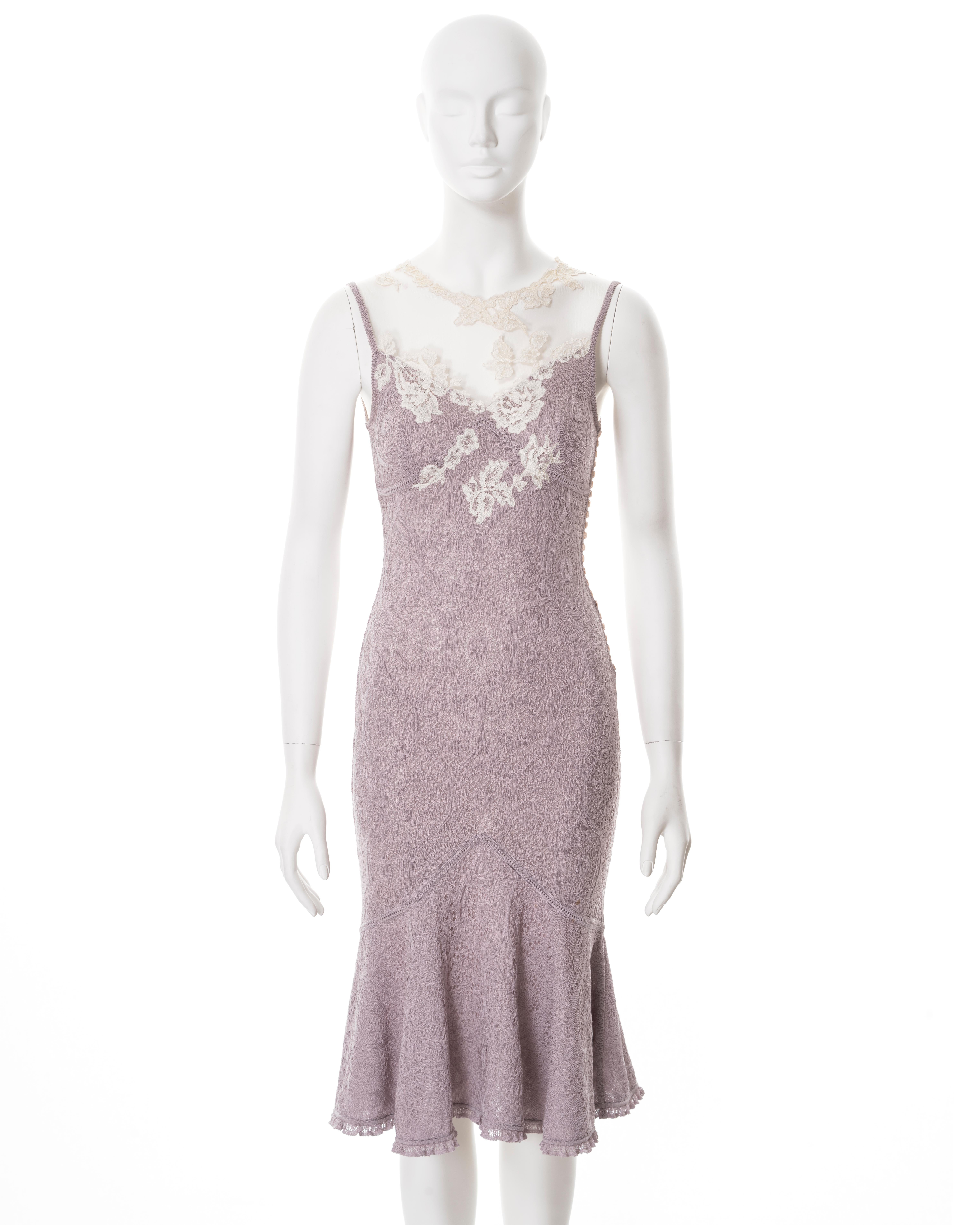 ▪ John Galliano dress
▪ Spring-Summer 1998
▪ Constructed from lilac viscose knitted lace 
▪ Ivory mesh with lace appliqués 
▪ Multiple button closures 
▪ Flounce skirt 
▪ Size approx. Small
▪ Made in France  

All photographs in this listing