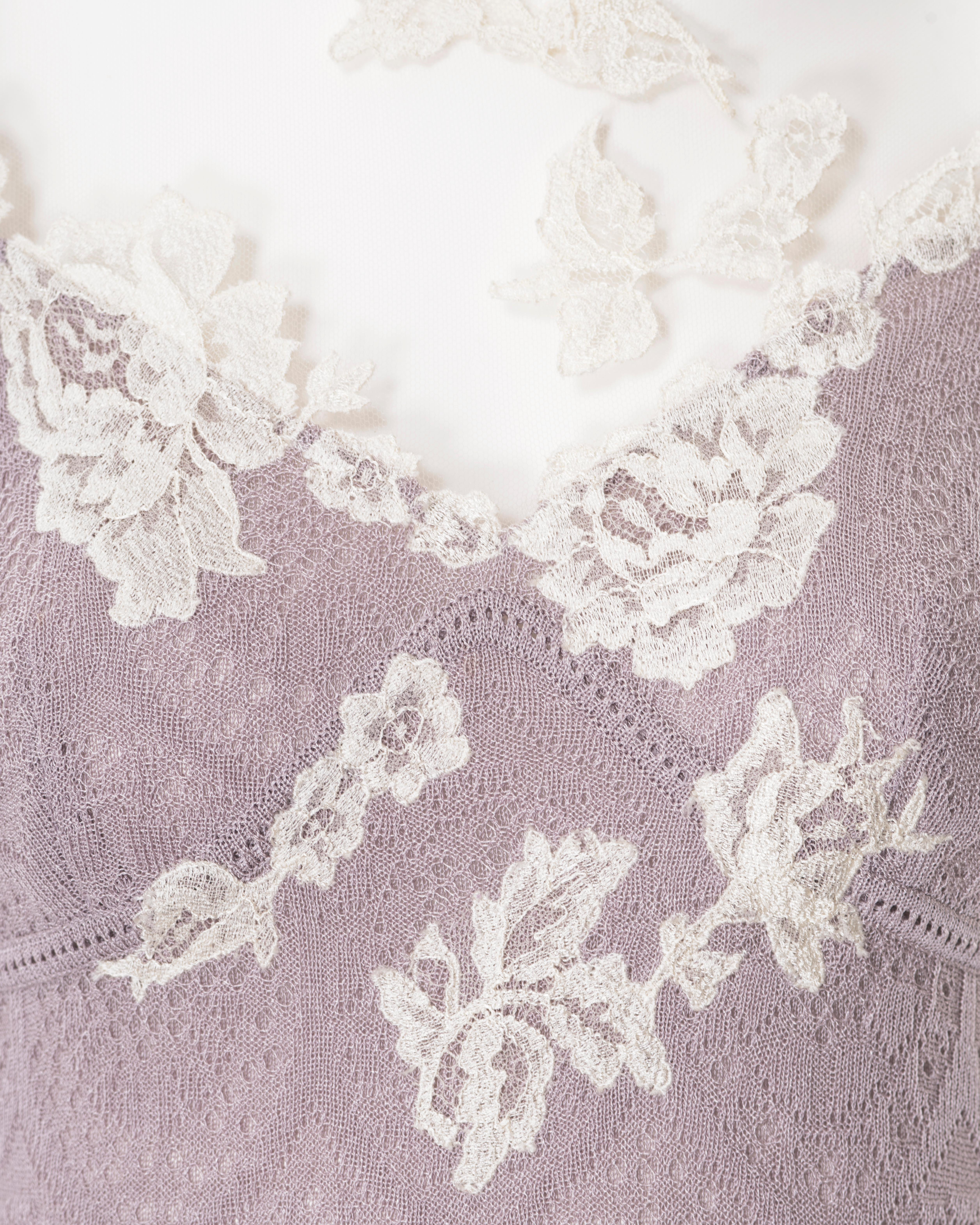 Women's John Galliano lilac knitted lace dress with cream lace and mesh, ss 1998 For Sale