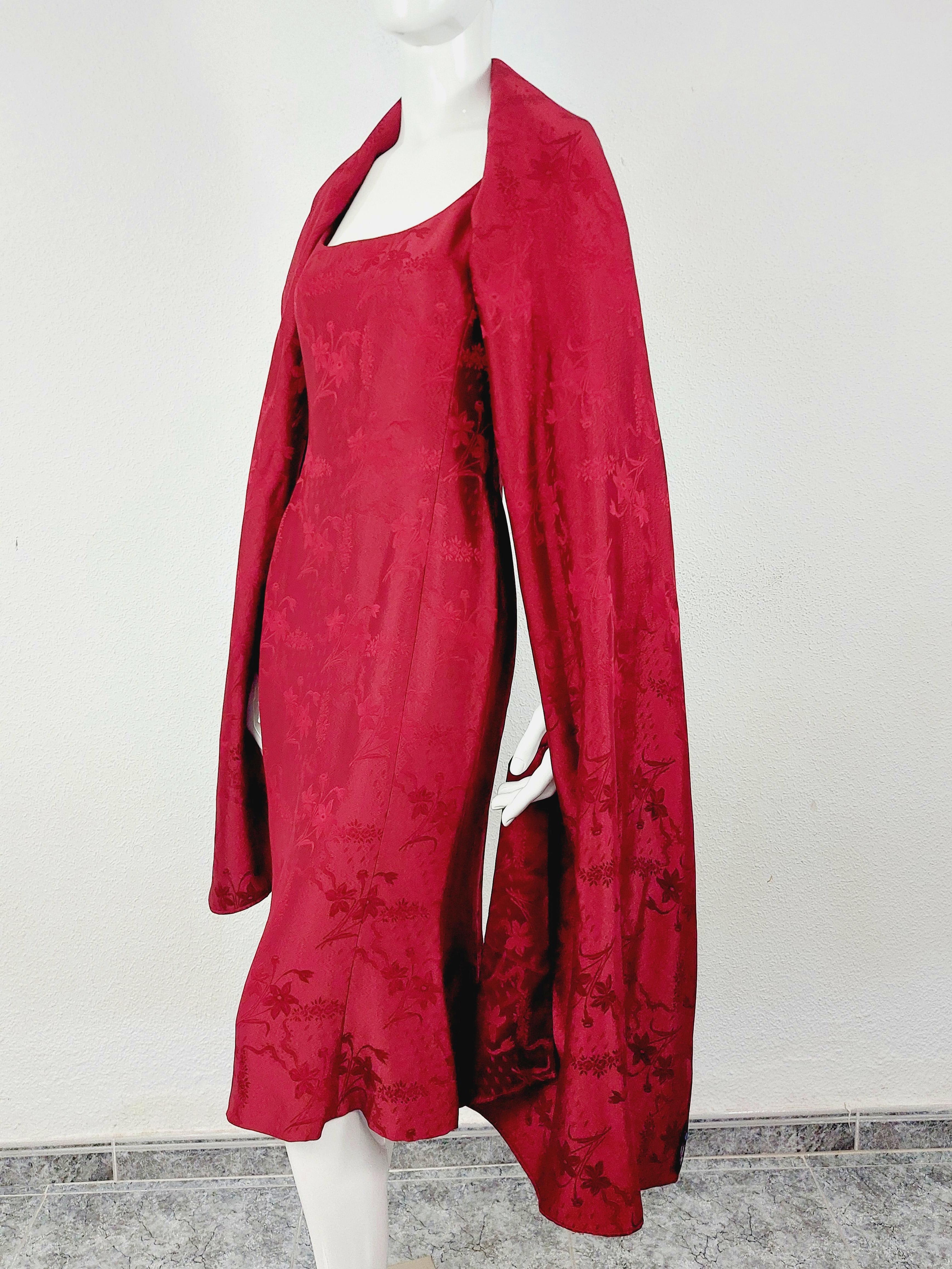 John Galliano London Red Silk Brocade Floral Runway Evening Gown Dress w Stola For Sale 6