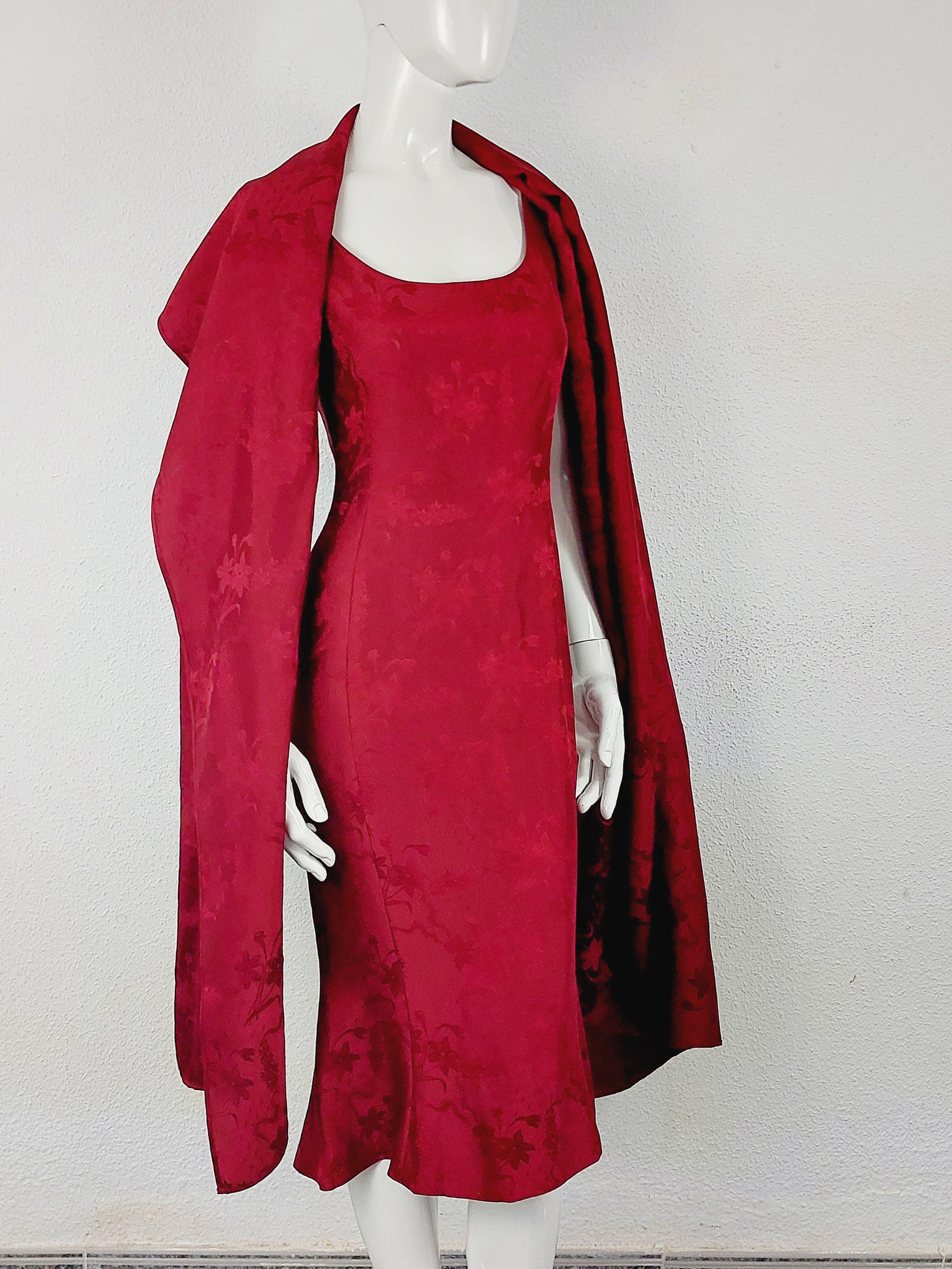 John Galliano London Red Silk Brocade Floral Runway Evening Gown Dress w Stola For Sale 9