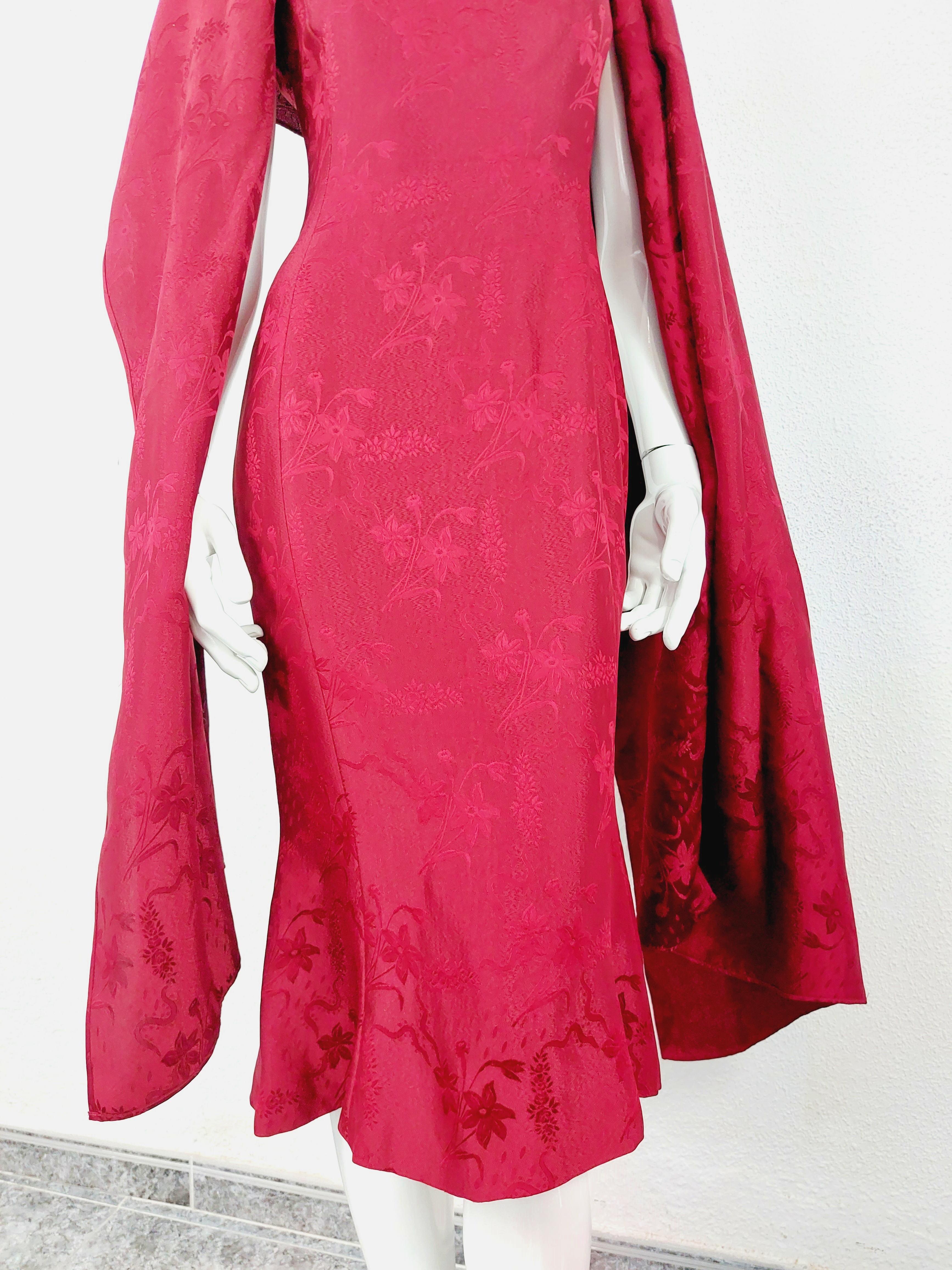 John Galliano London Red Silk Brocade Floral Runway Evening Gown Dress w Stola For Sale 11