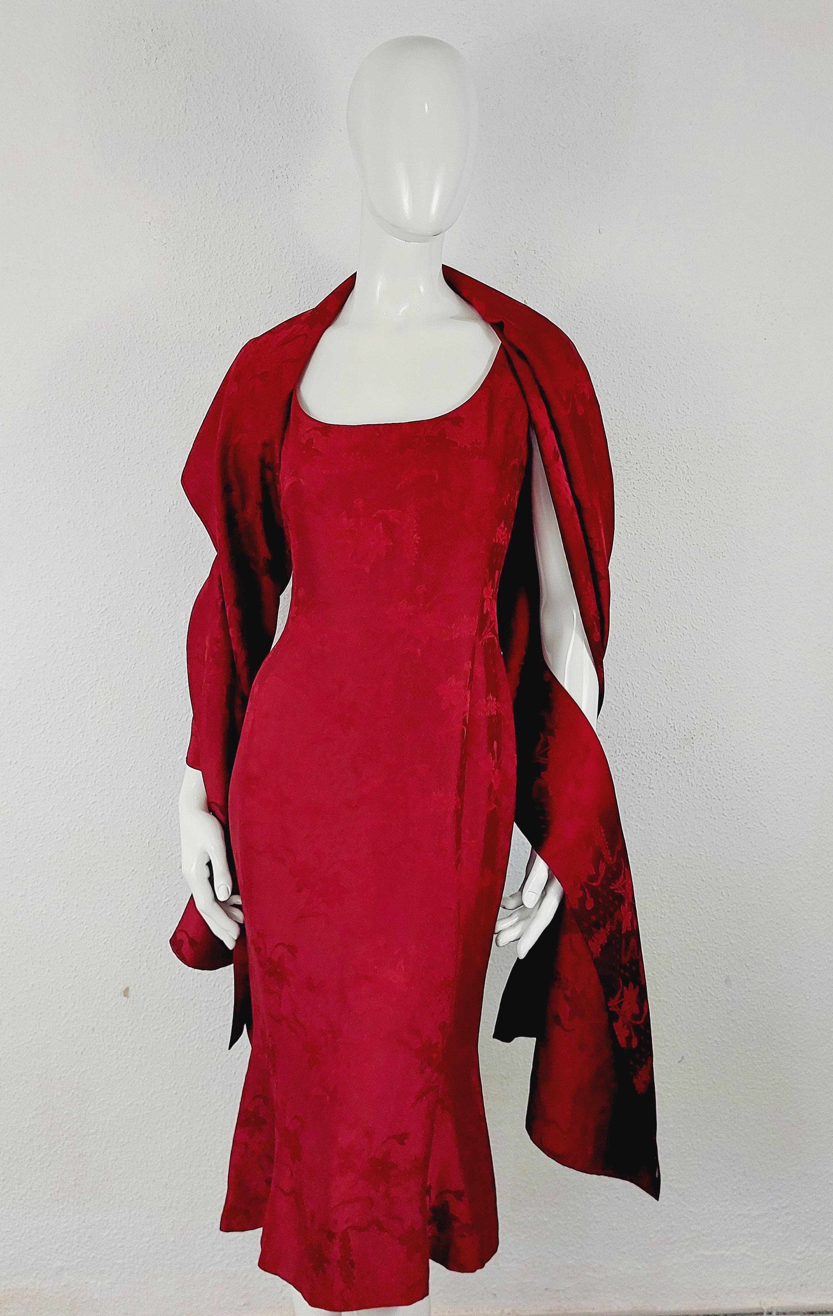 John Galliano London Red Silk Brocade Floral Runway Evening Gown Dress w Stola For Sale 12