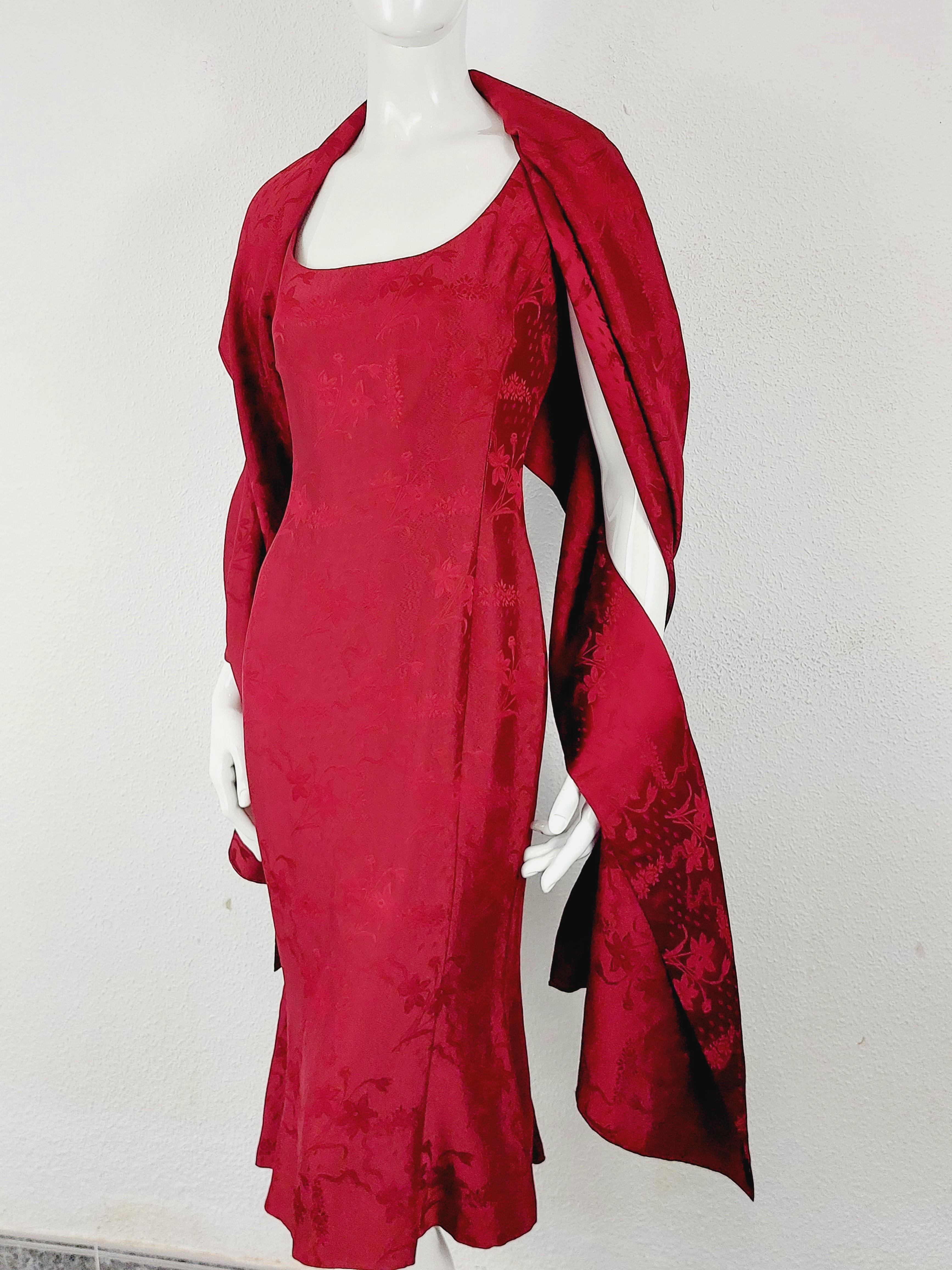 John Galliano London Red Silk Brocade Floral Runway Evening Gown Dress w Stola For Sale 13