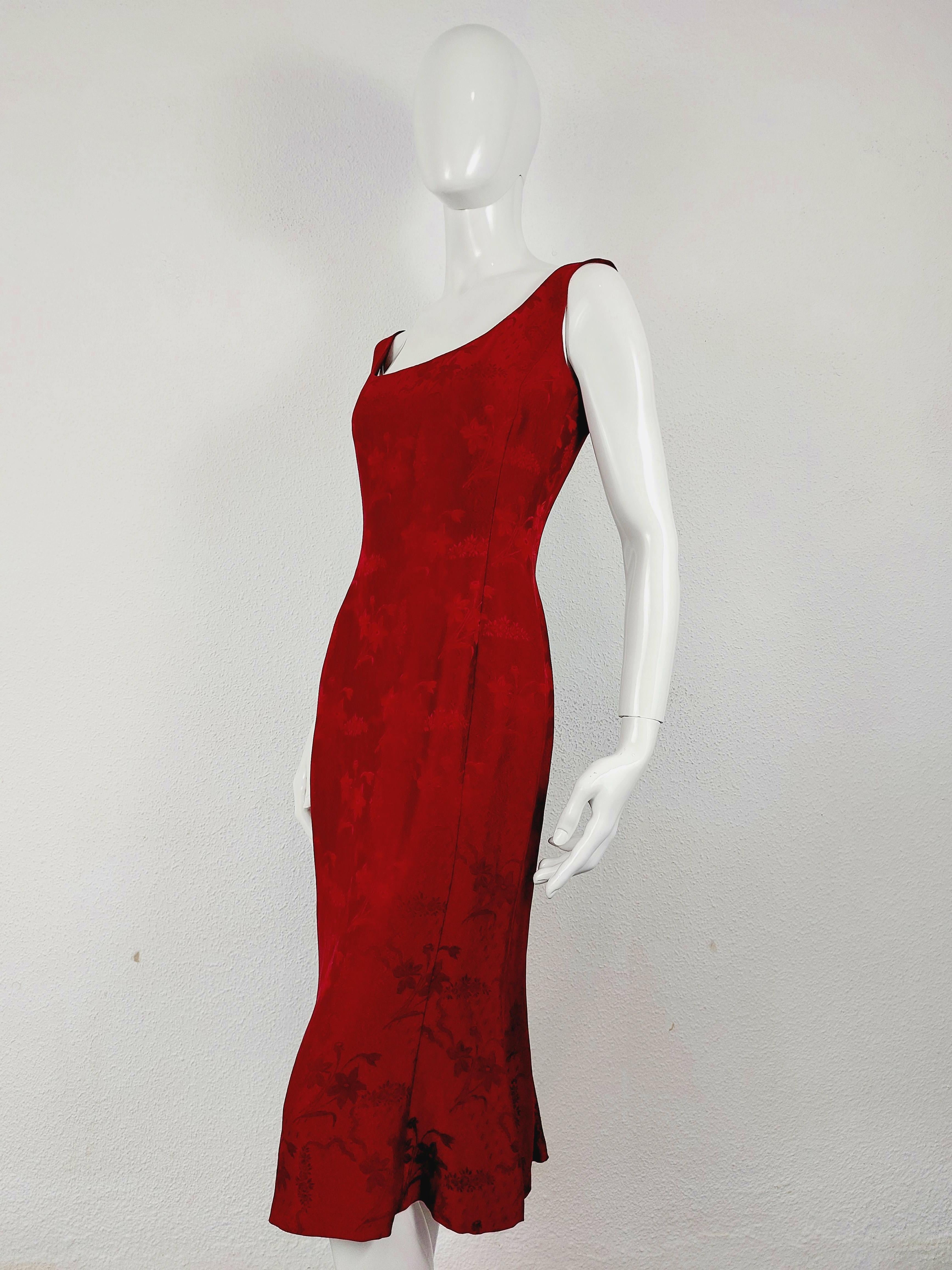 John Galliano London Red Silk Brocade Floral Runway Evening Gown Dress w Stola For Sale 14