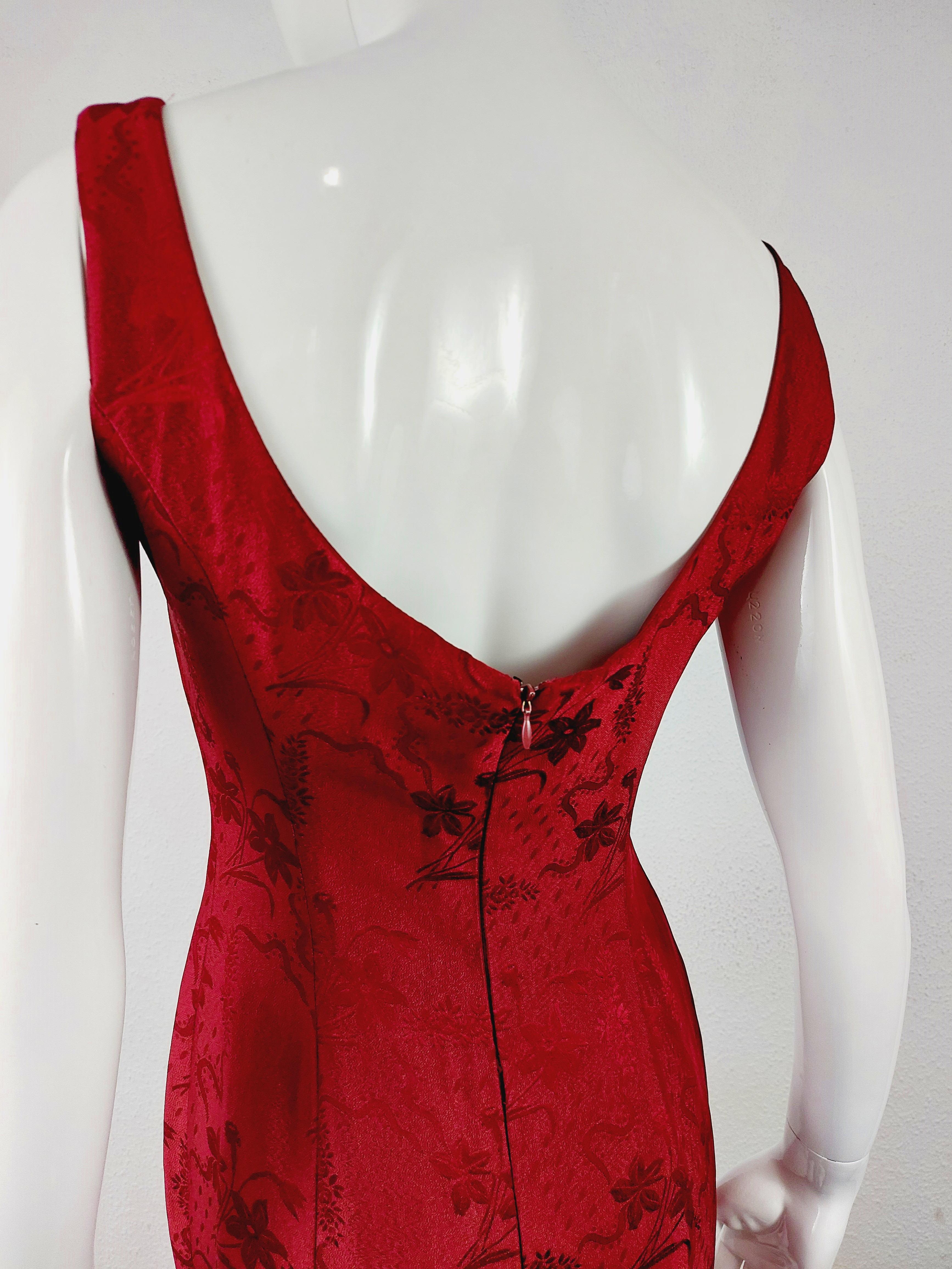 John Galliano London Red Silk Brocade Floral Runway Evening Gown Dress w Stola For Sale 1