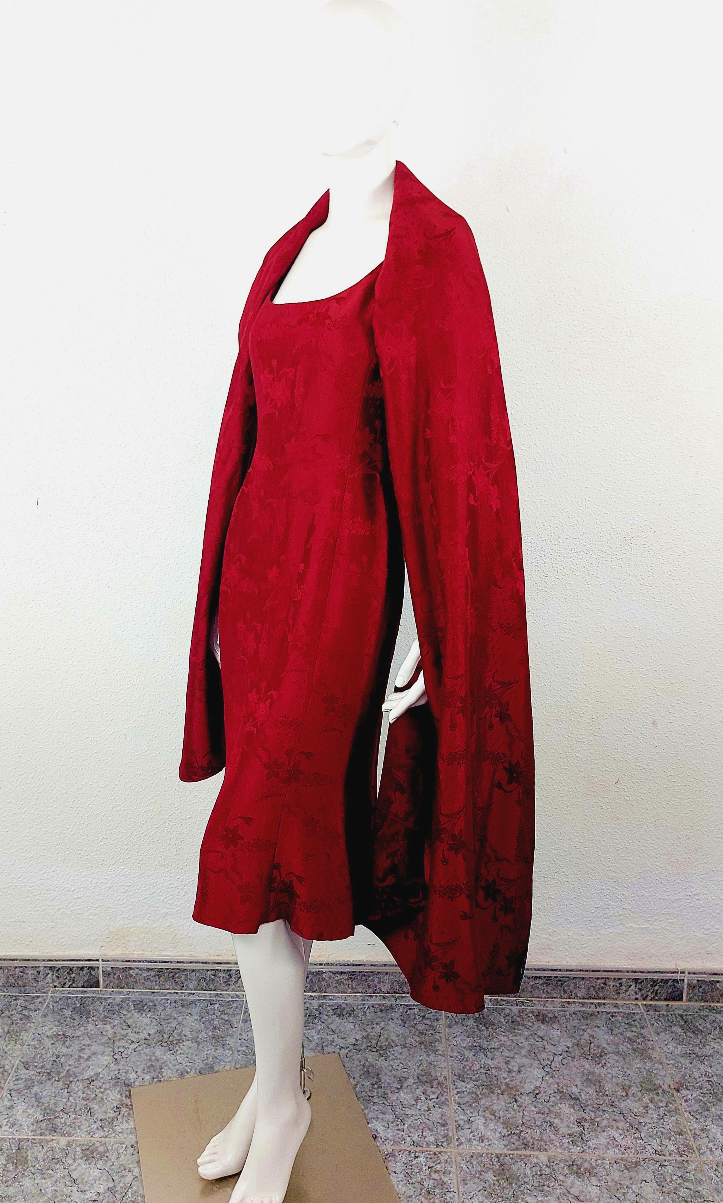 John Galliano London Red Silk Brocade Floral Runway Evening Gown Dress w Stola For Sale 5