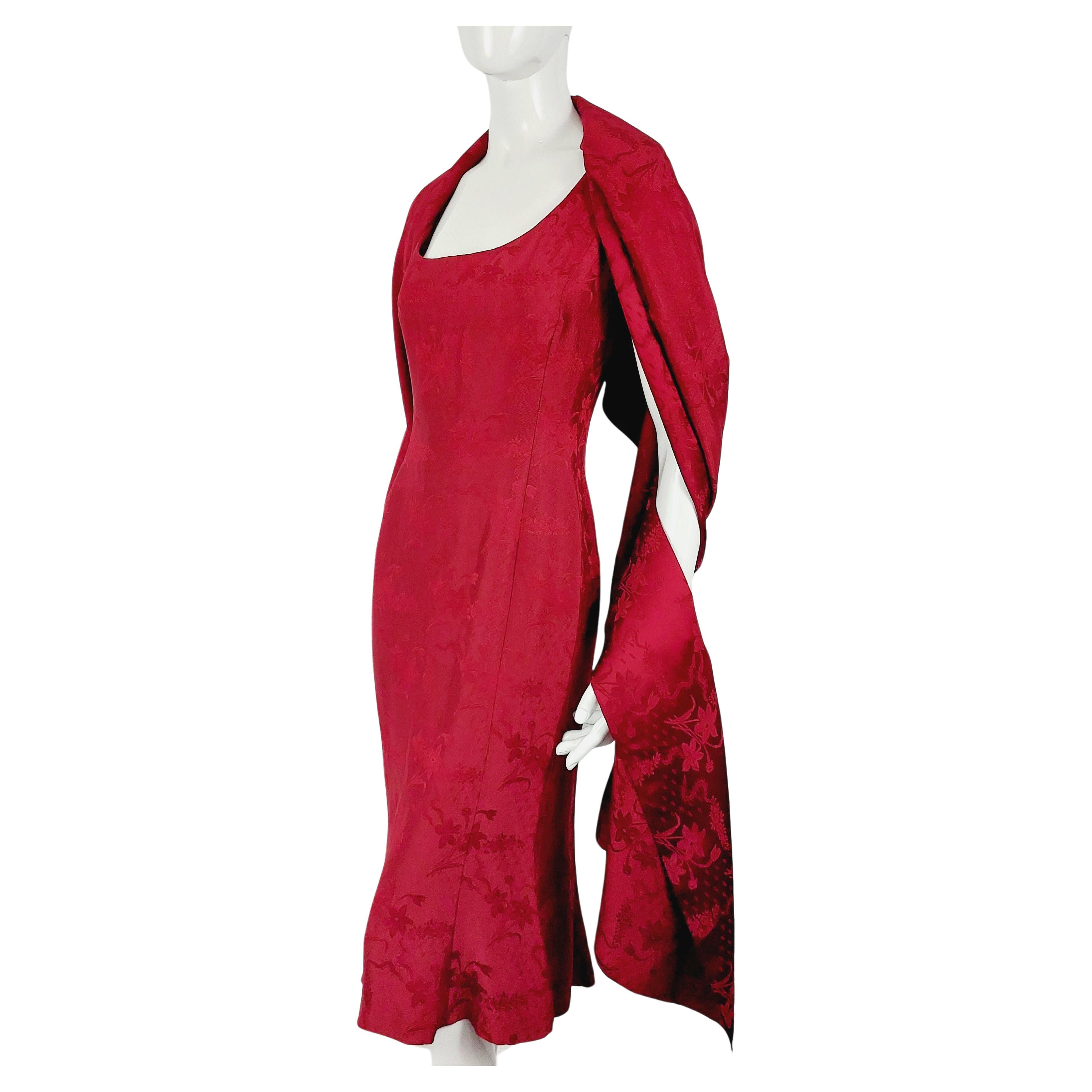 John Galliano London Red Silk Brocade Floral Runway Evening Gown Dress w Stola For Sale