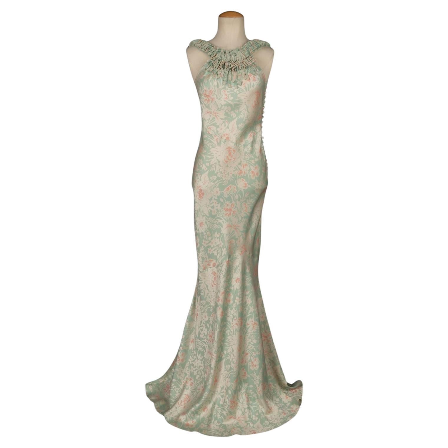 John Galliano Long Silk Dress with Floral Patterns 36FR For Sale