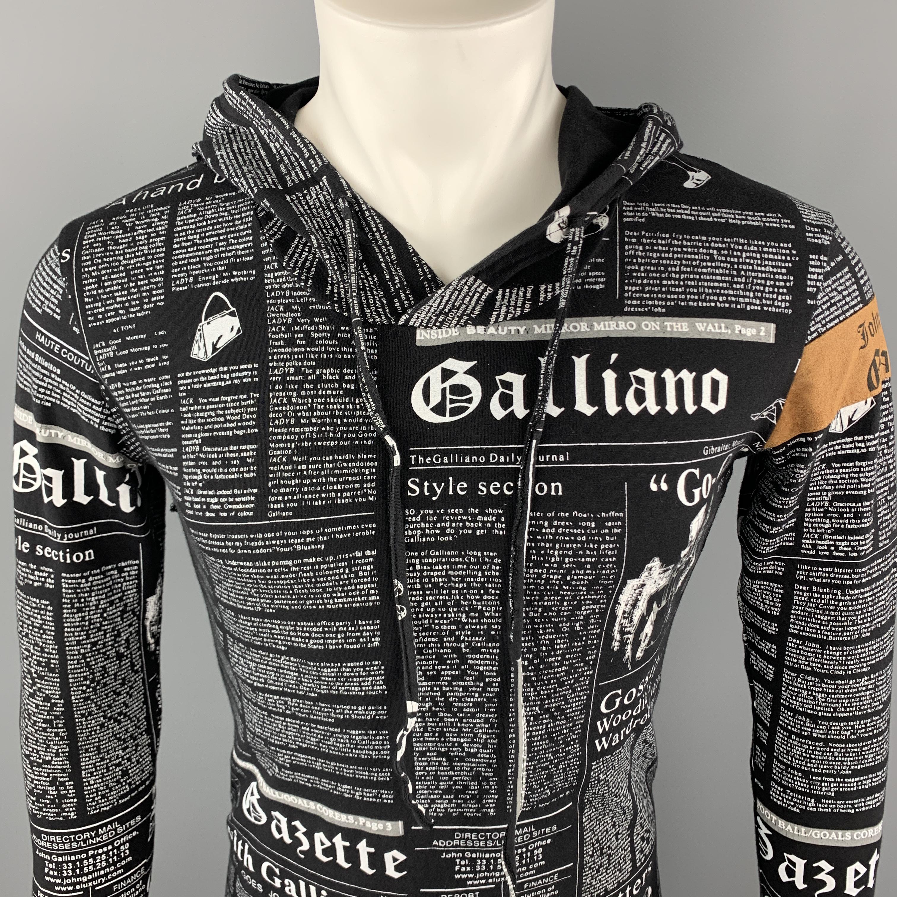 Vintage JOHN GALLIANO Gazette Pullover Sweater comes in a black and white newspaper print cotton material, with a hood, drawstring, and a trim at left arm. Made in Italy.

Excellent Pre-Owned Condition.
Marked: M

Measurements:

Shoulder: 17.5 in.
