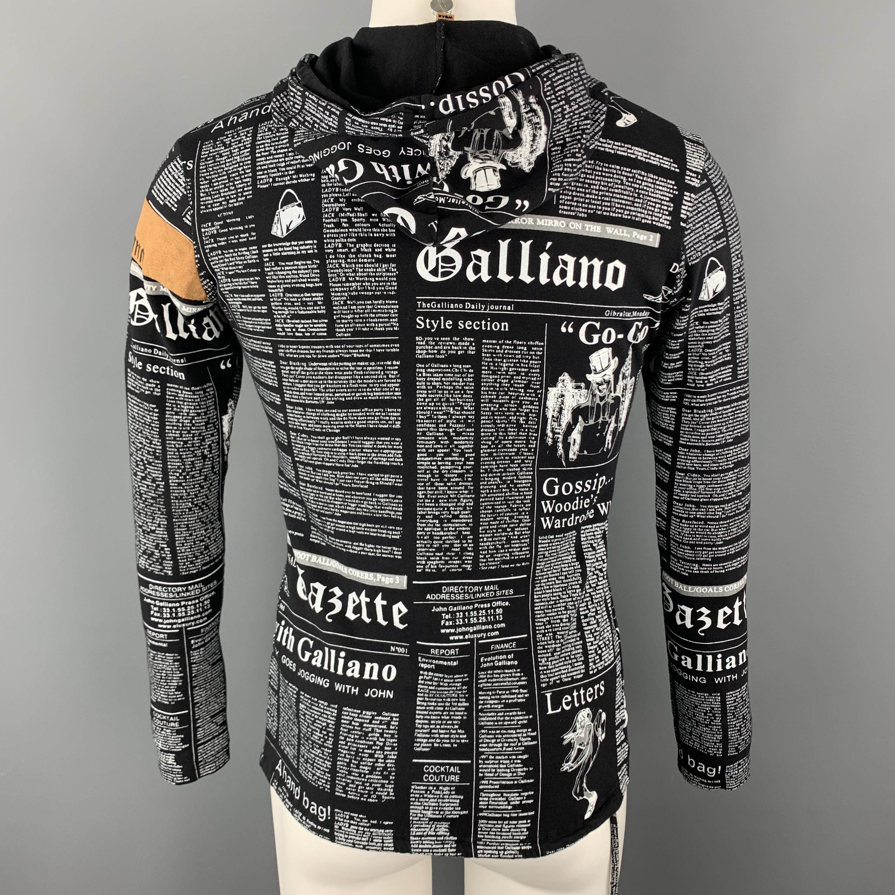 JOHN GALLIANO M Black & White Gazette Newspaper Print Cotton Hooded Pullover In Excellent Condition In San Francisco, CA
