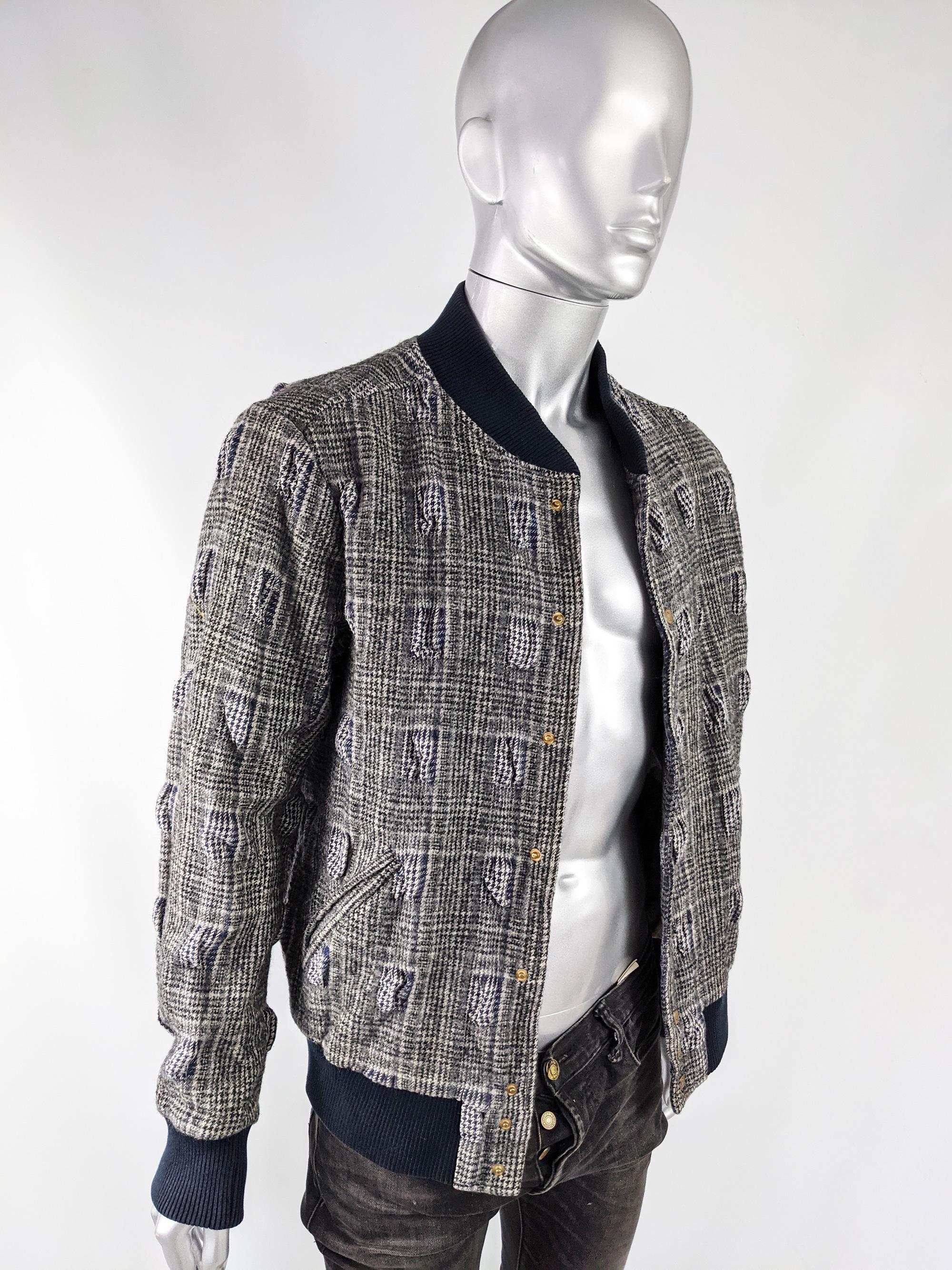 Gray John Galliano Mens Prince of Wales Check Textured Wool Bomber Jacket, 2000s