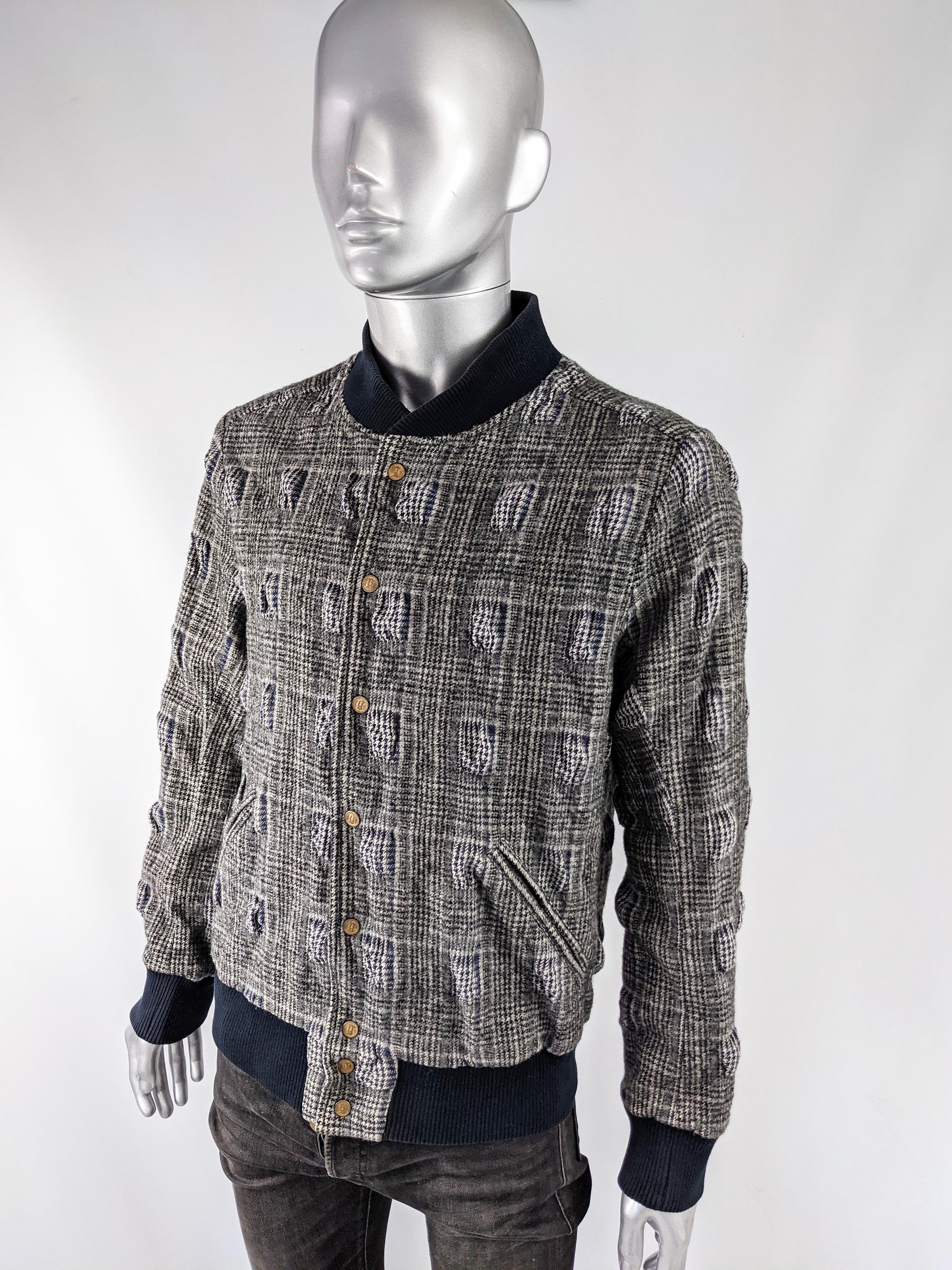 John Galliano Mens Prince of Wales Check Textured Wool Bomber Jacket, 2000s In Good Condition In Doncaster, South Yorkshire
