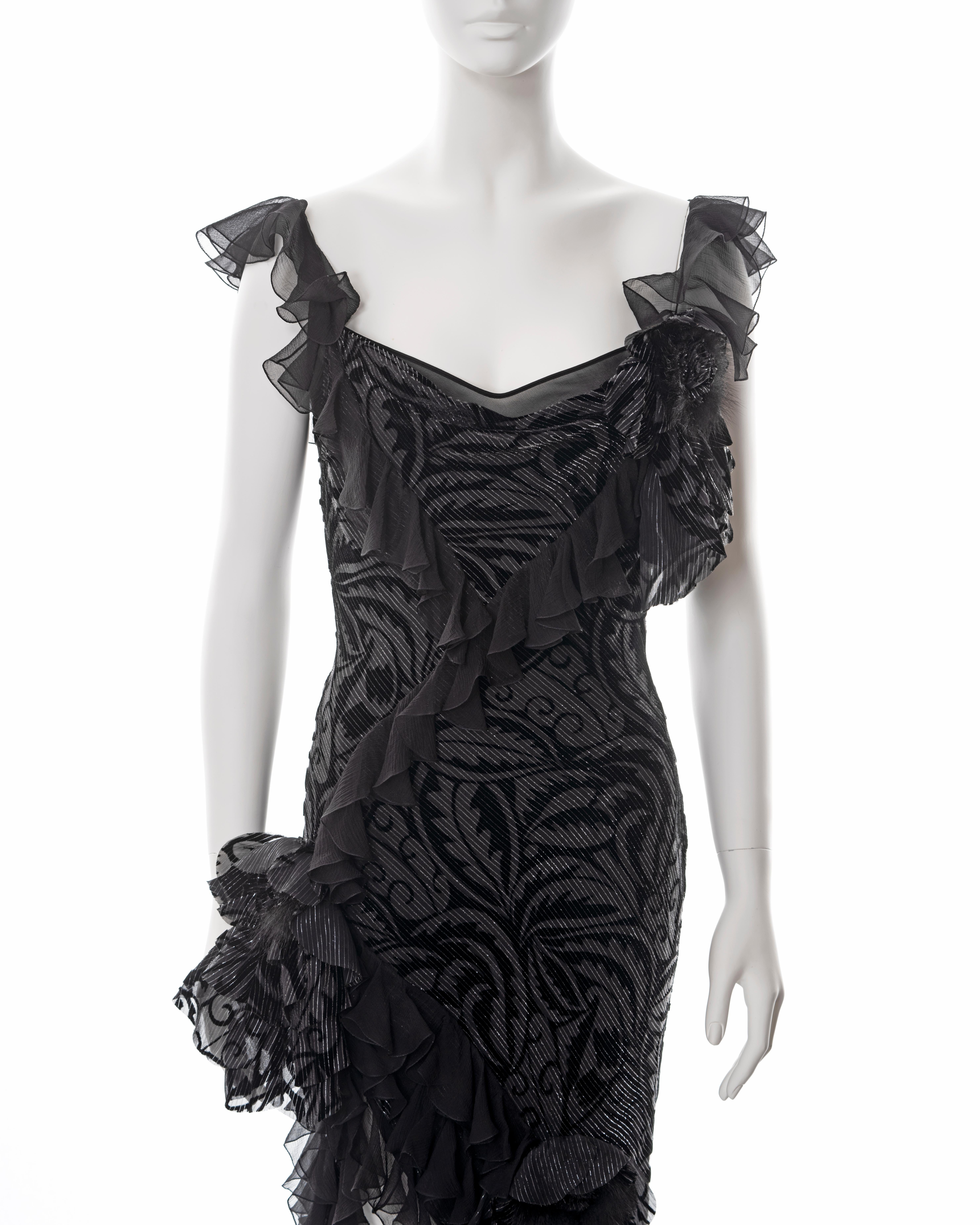 Black John Galliano metallic black bias cut chiffon evening dress, fw 2003 For Sale