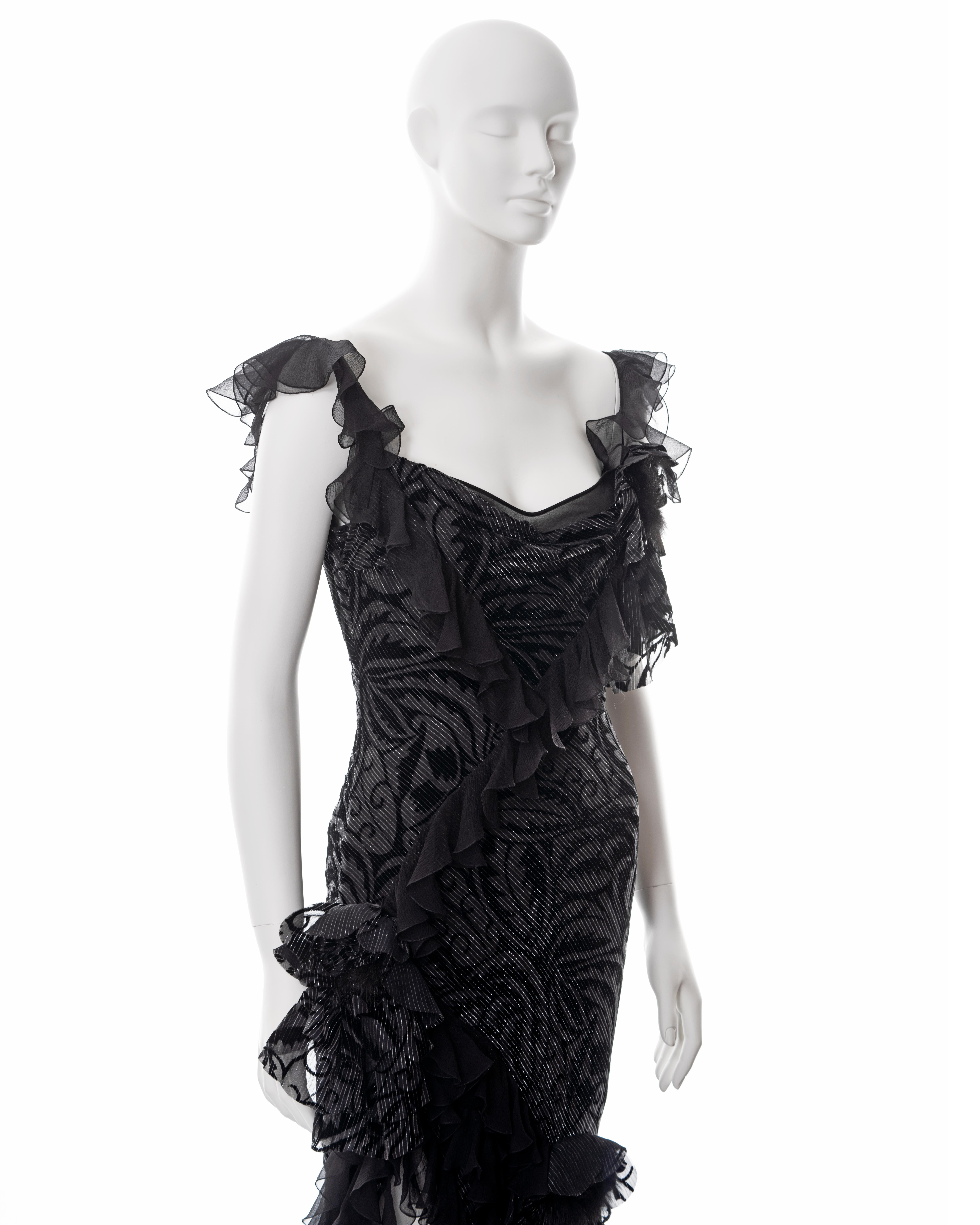Women's John Galliano metallic black bias cut chiffon evening dress, fw 2003 For Sale