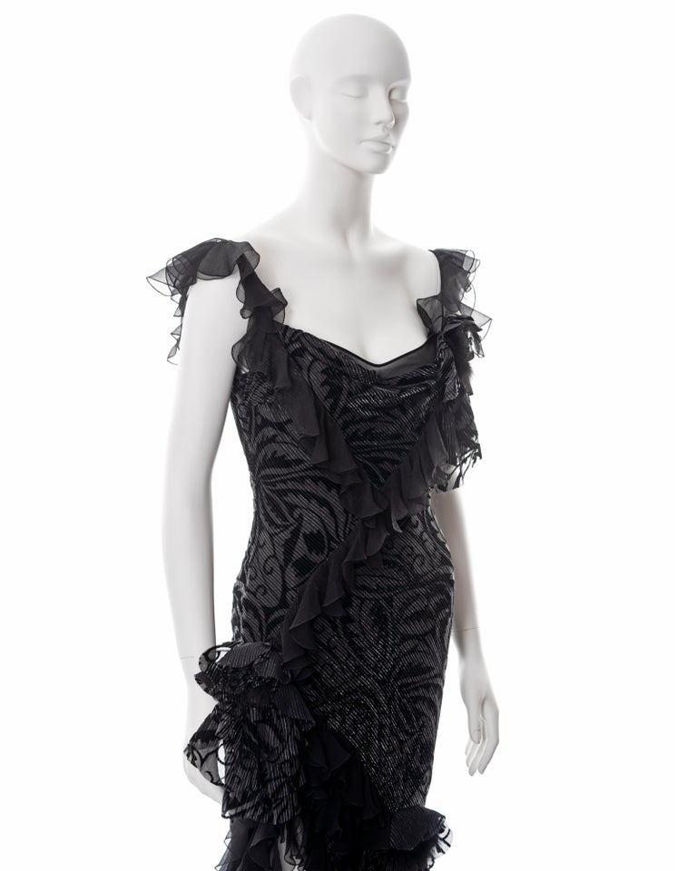 Iconic Fall 2004 John Galliano Bias Cut Blue Dress w Ruffles & Metallic Silver Detailing