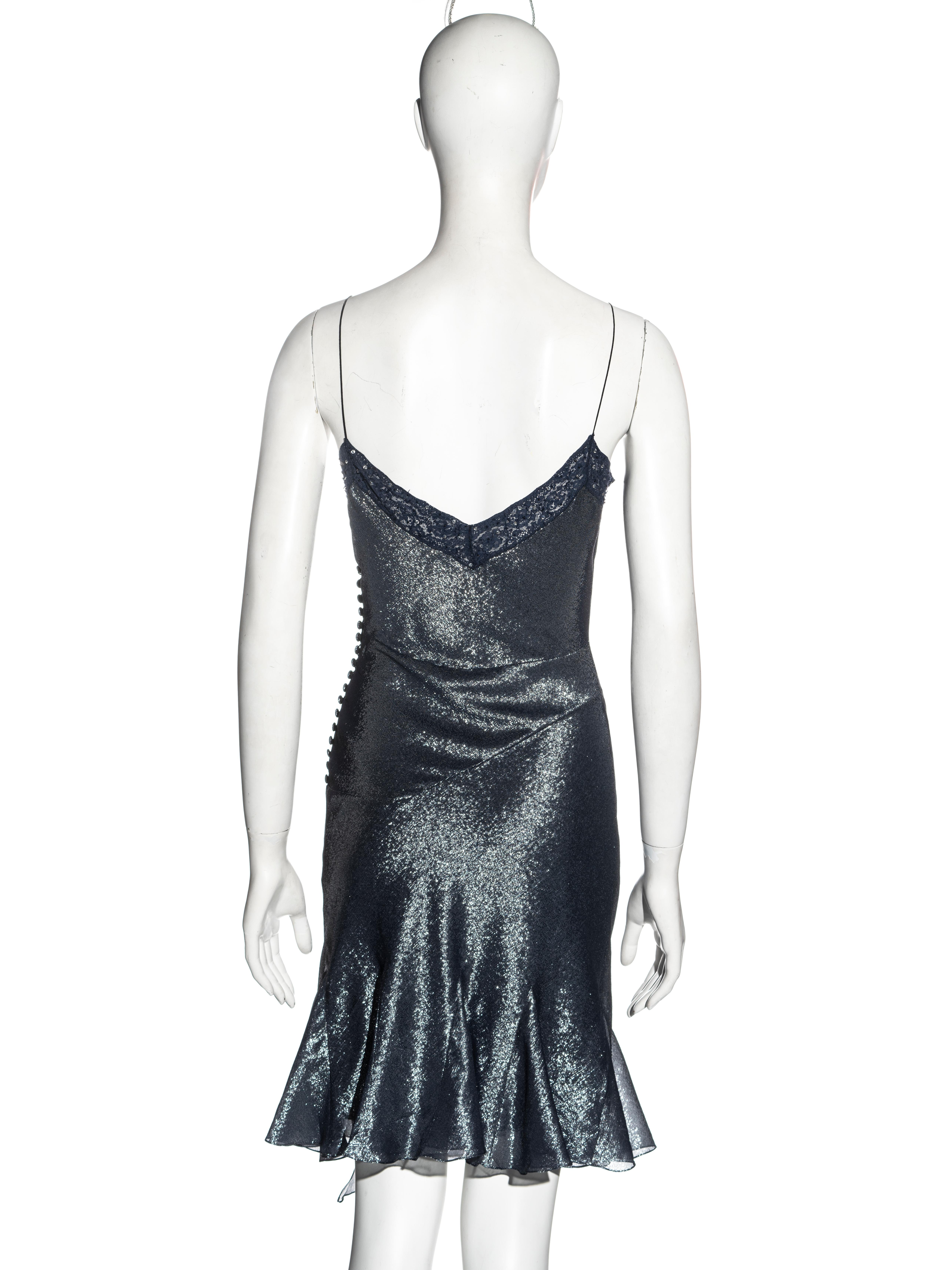 John Galliano metallic blue silk lurex and lace evening slip dress, ss 2004 3
