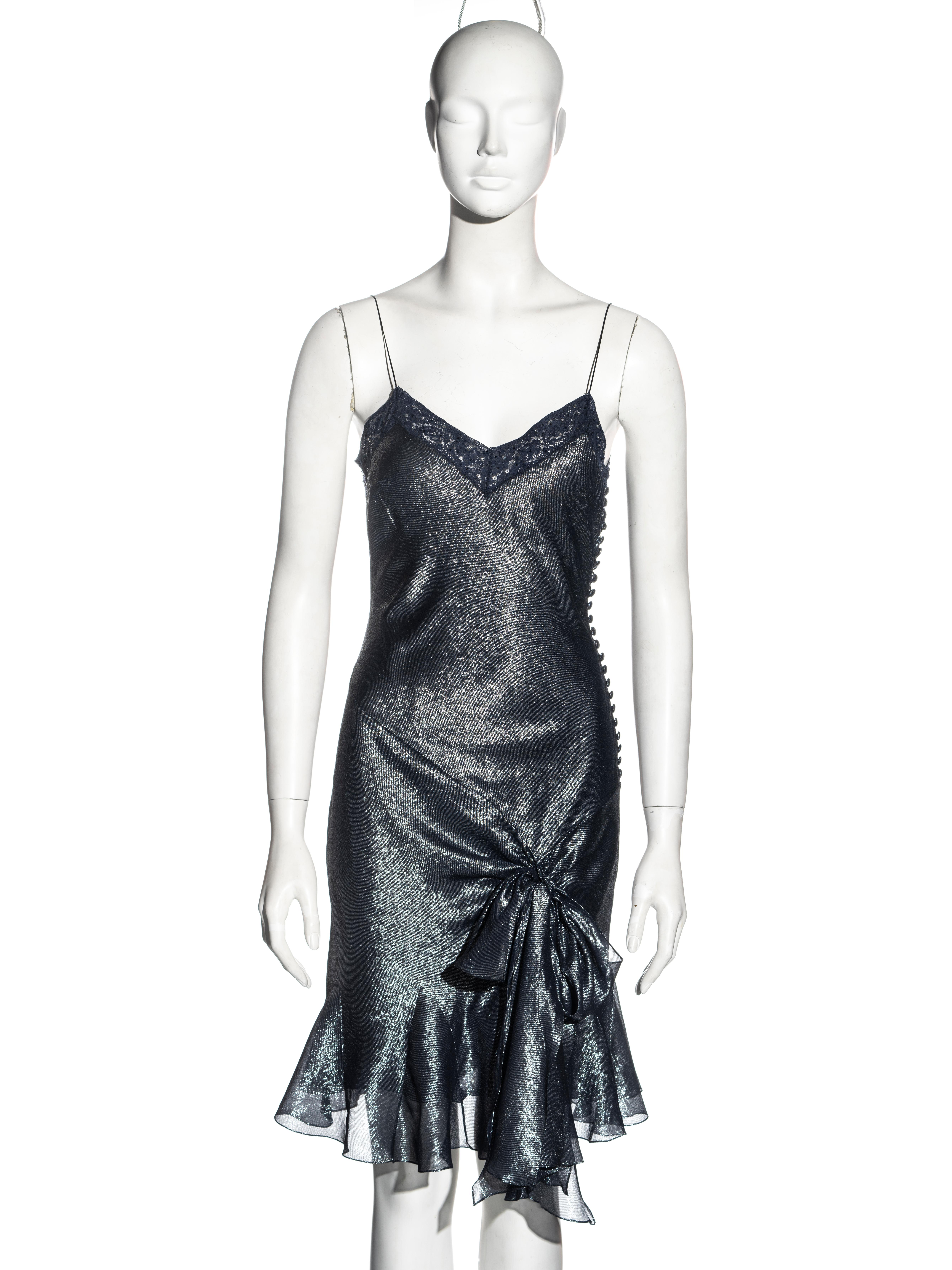 ▪ John Galliano evening slip dress
▪ Silk and lurex mix twill weave, the warp threads are silver lurex and the weft threads blue silk, giving off a lovely metallic two-tone effect
▪ Lace trim with sequin and bead embroidery 
▪ Multiple fabric