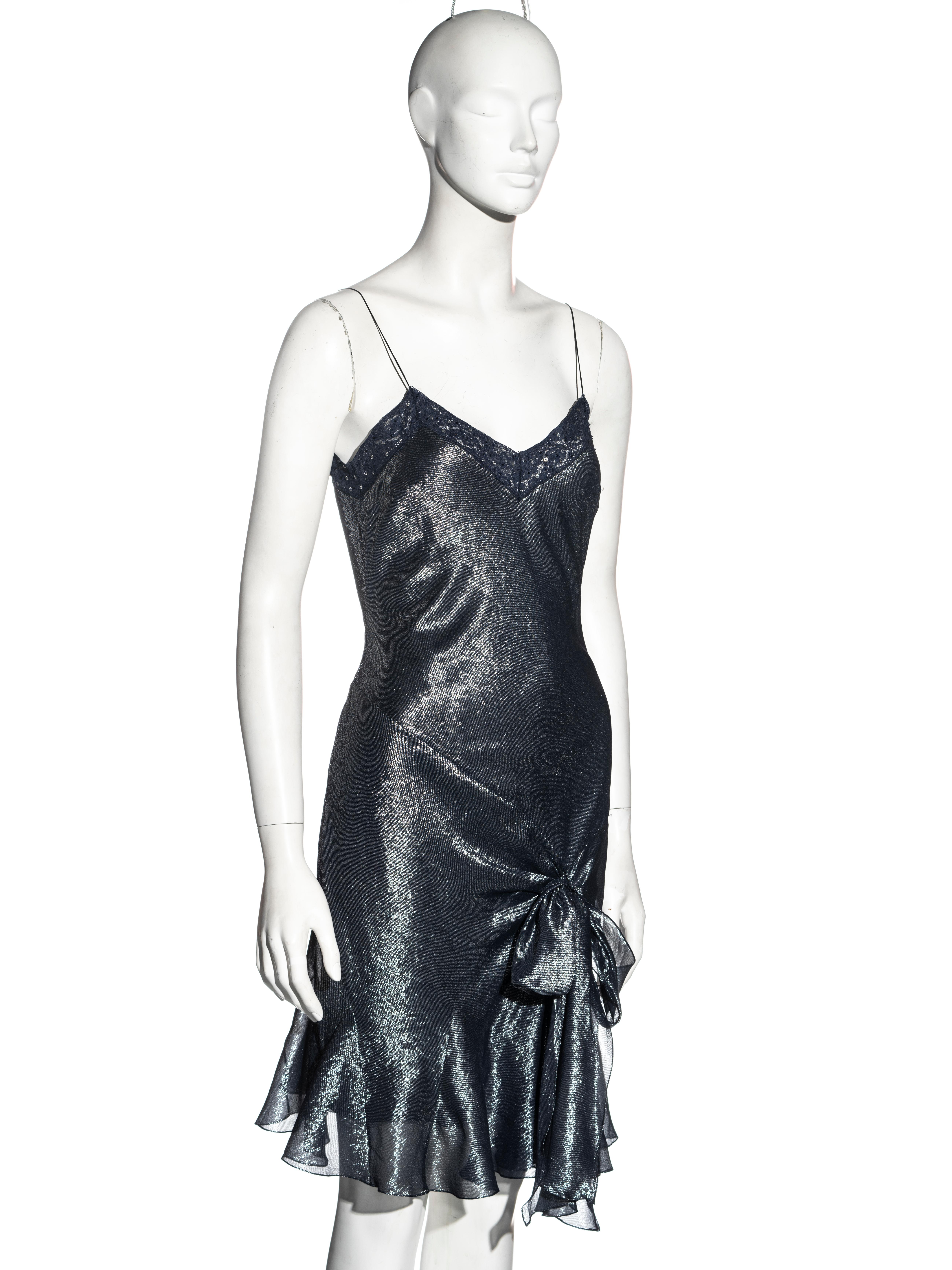 Black John Galliano metallic blue silk lurex and lace evening slip dress, ss 2004