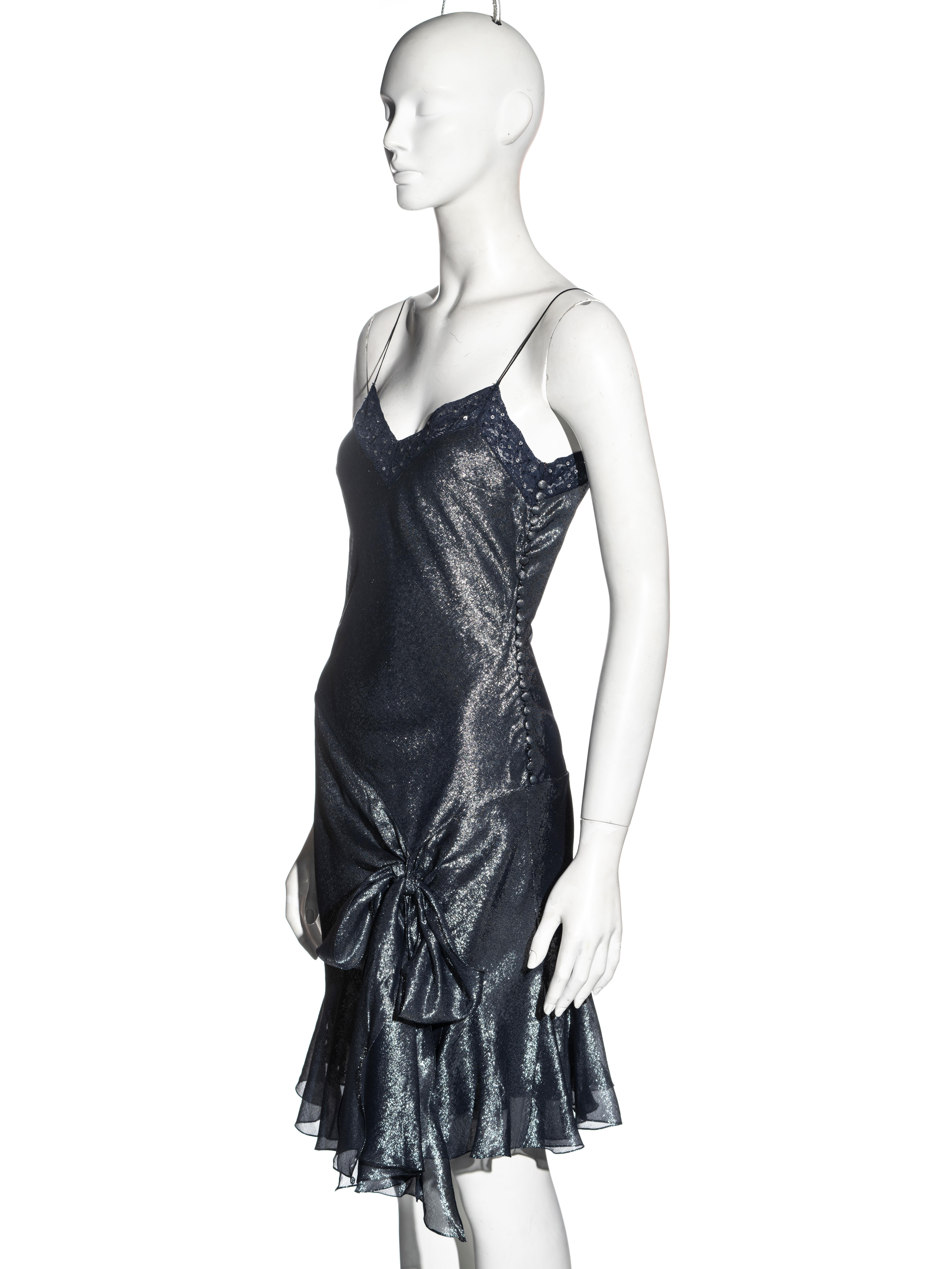 John Galliano metallic blue silk lurex and lace evening slip dress, ss 2004 In Excellent Condition In London, GB