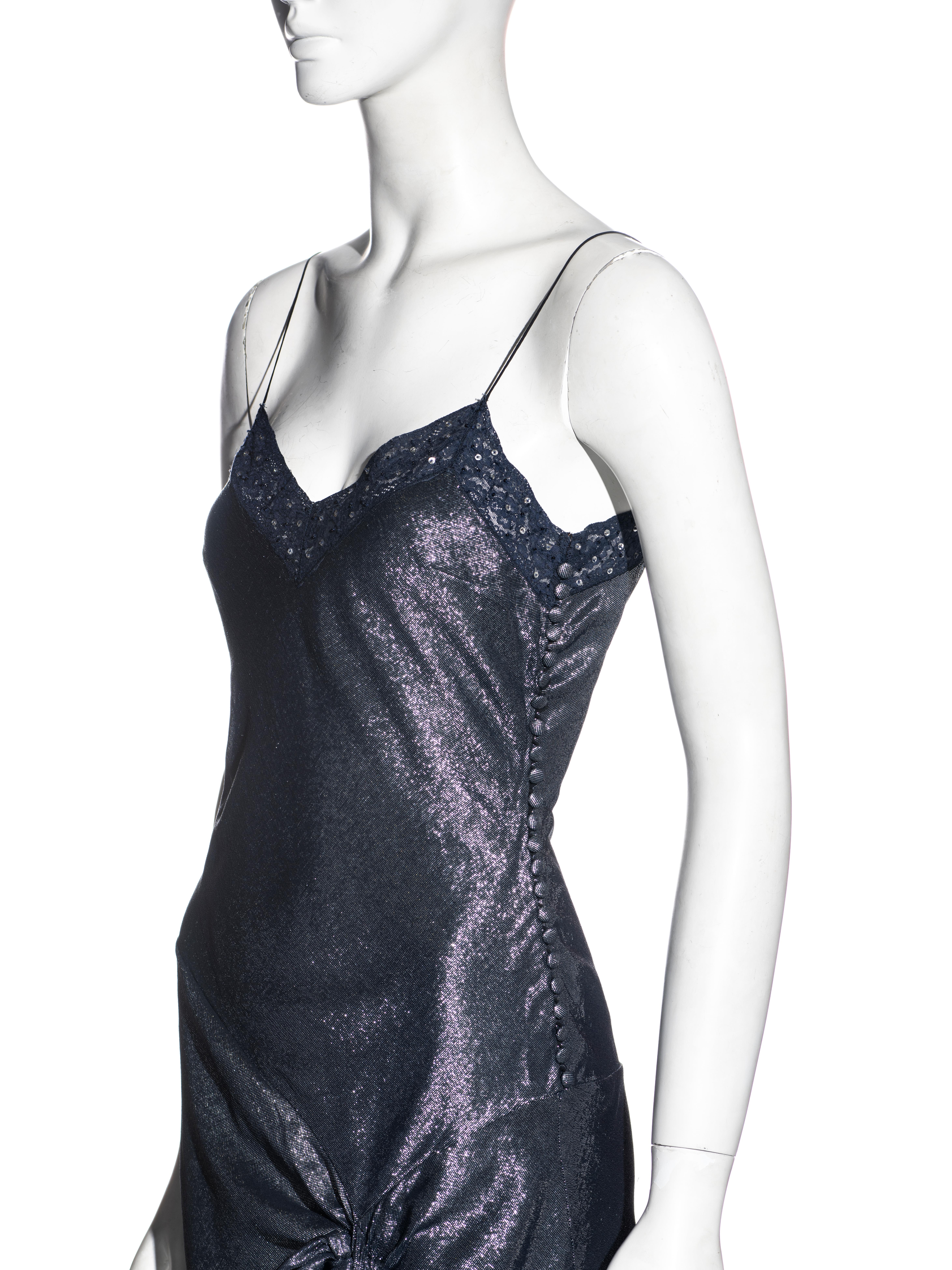 John Galliano metallic blue silk lurex and lace evening slip dress, ss 2004 For Sale 2