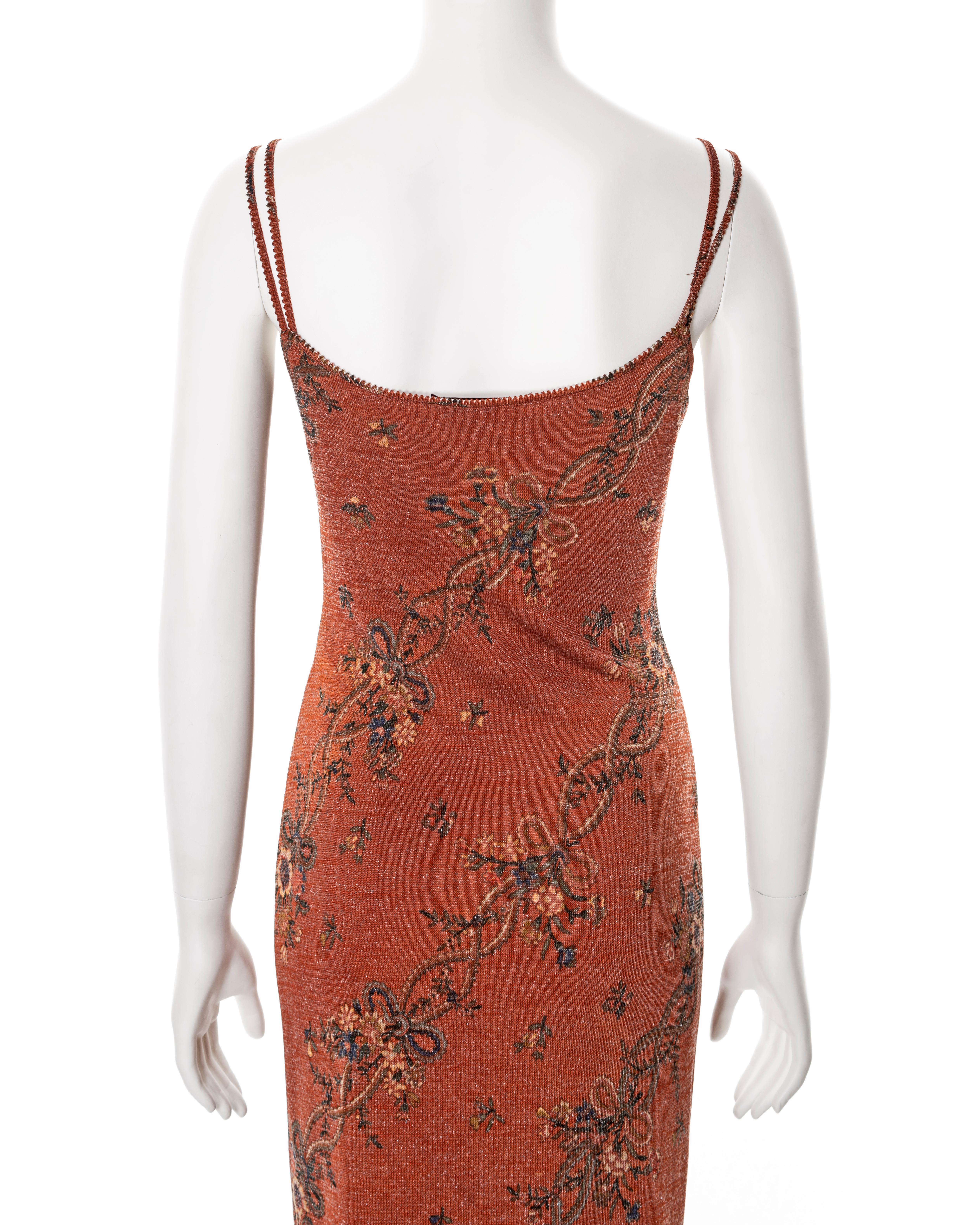 John Galliano metallic copper viscose knit with floral motif maxi dress, fw 2000 For Sale 6
