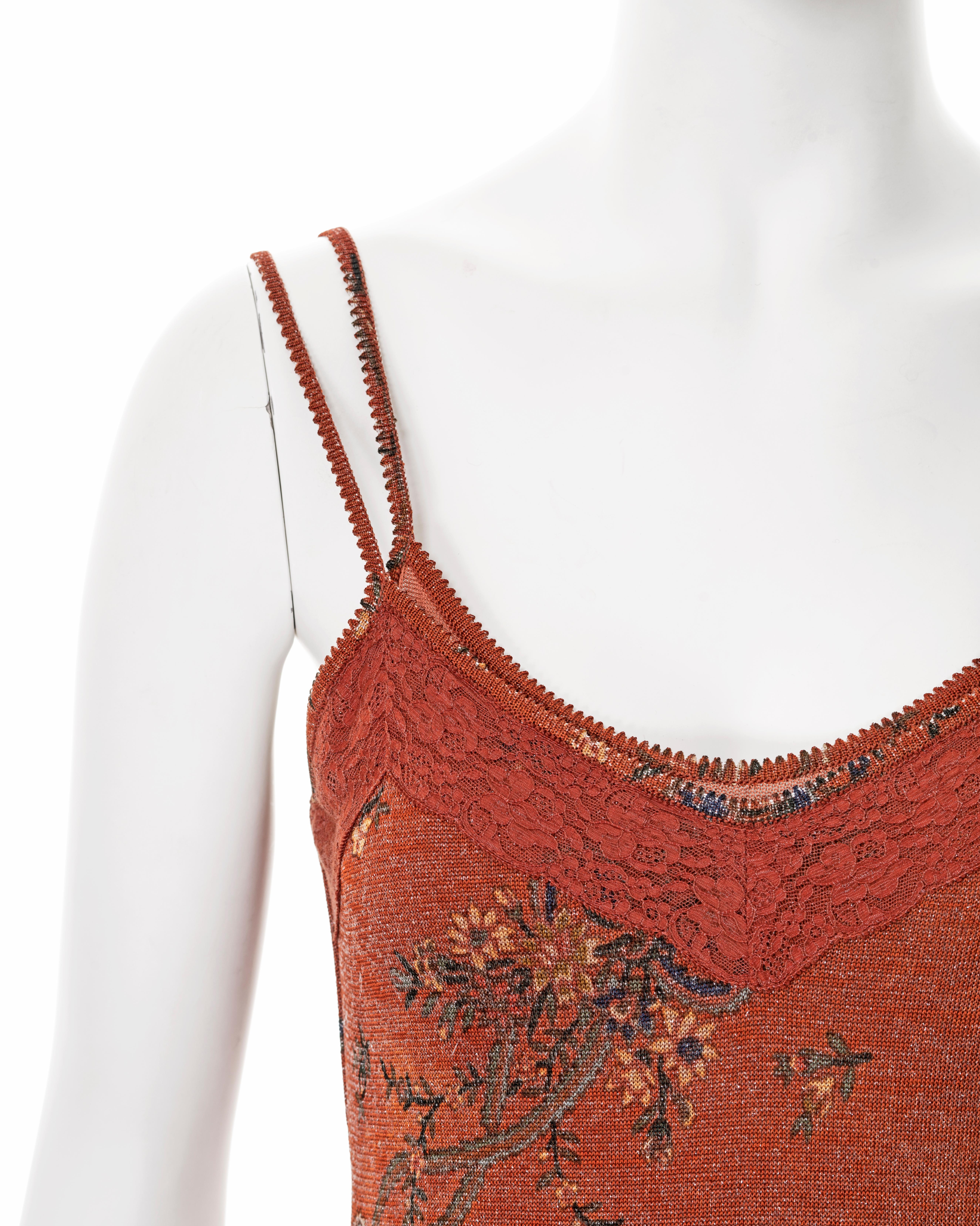 Women's John Galliano metallic copper viscose knit with floral motif maxi dress, fw 2000 For Sale