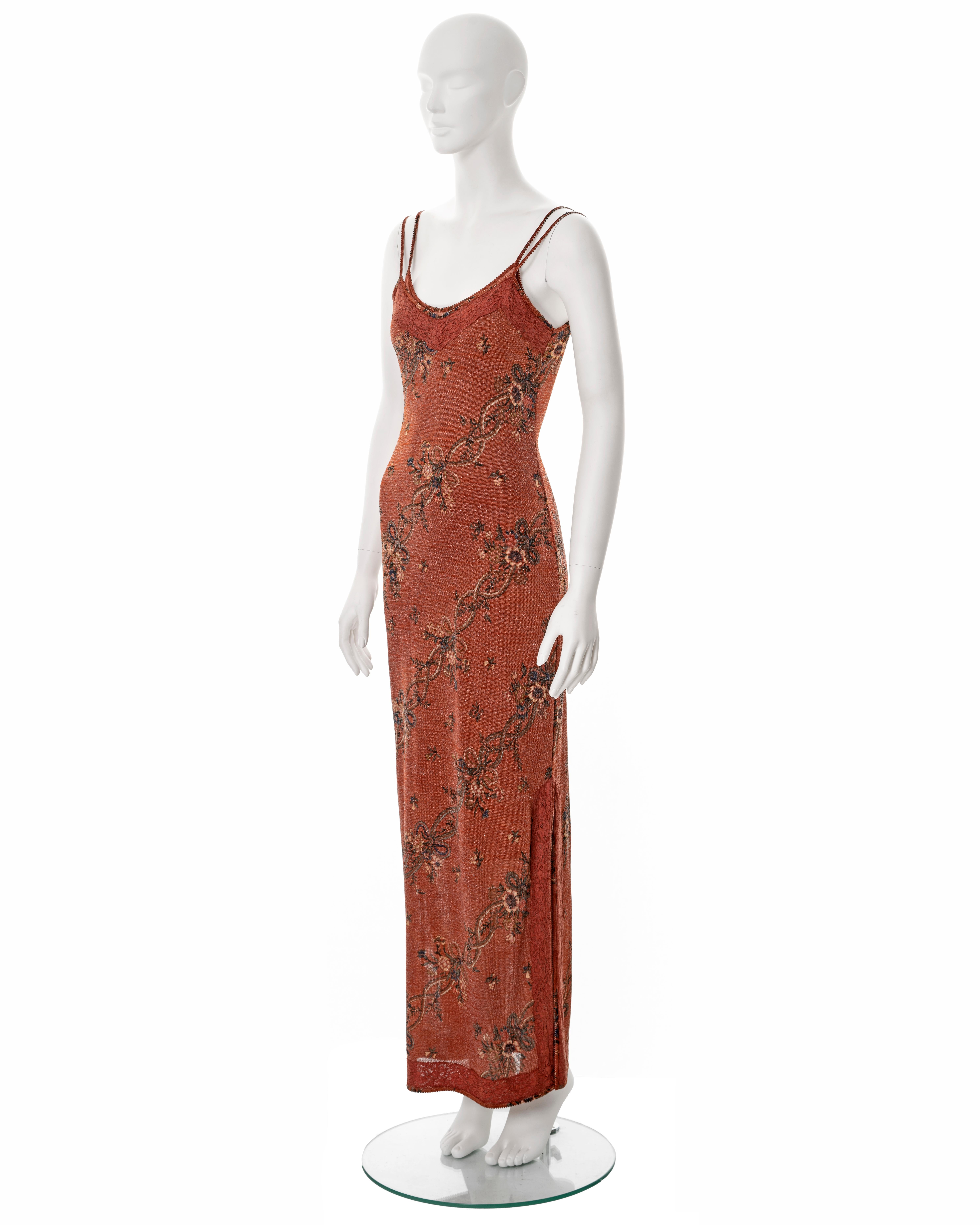John Galliano metallic copper viscose knit with floral motif maxi dress, fw 2000 For Sale 1