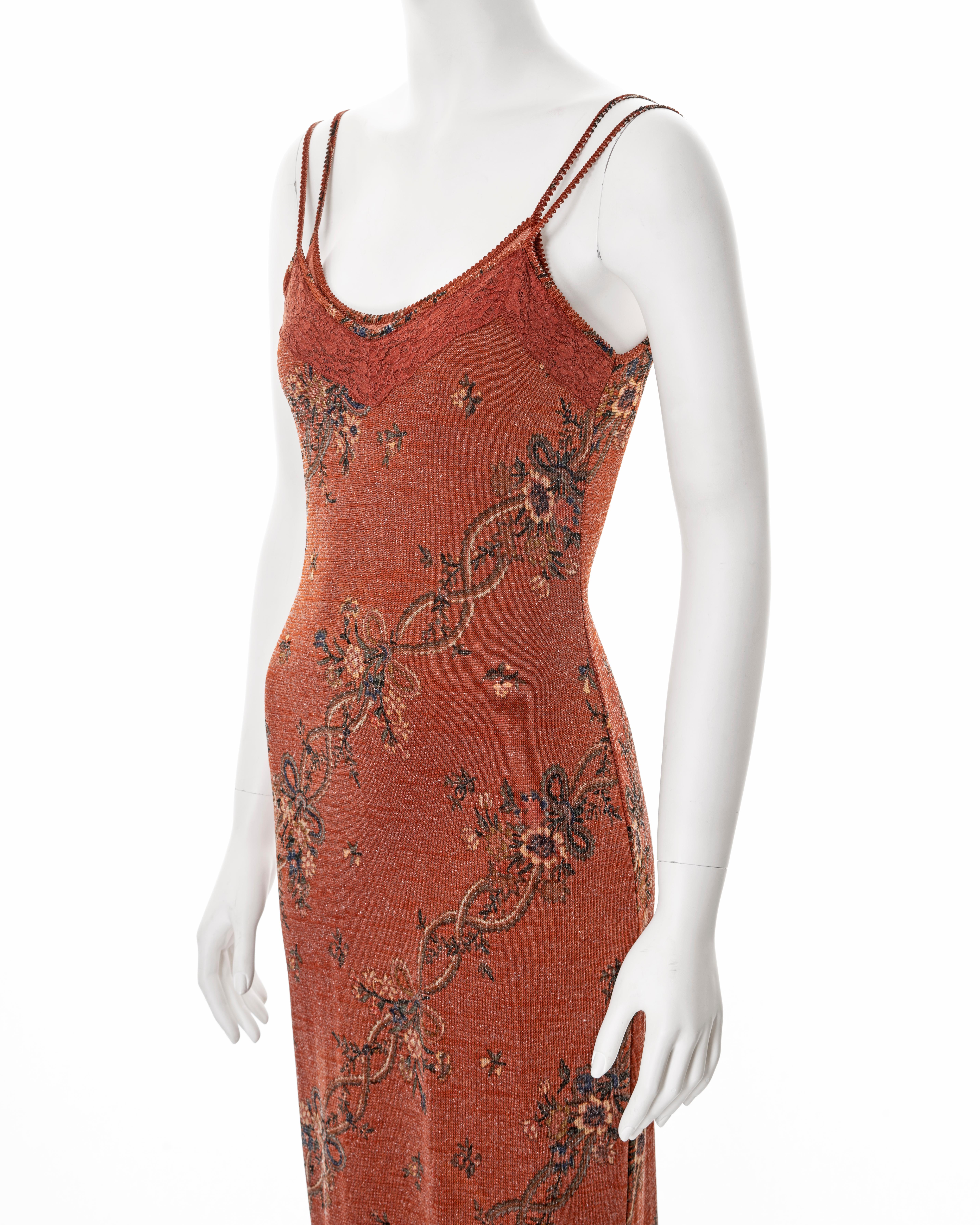 John Galliano metallic copper viscose knit with floral motif maxi dress, fw 2000 For Sale 2
