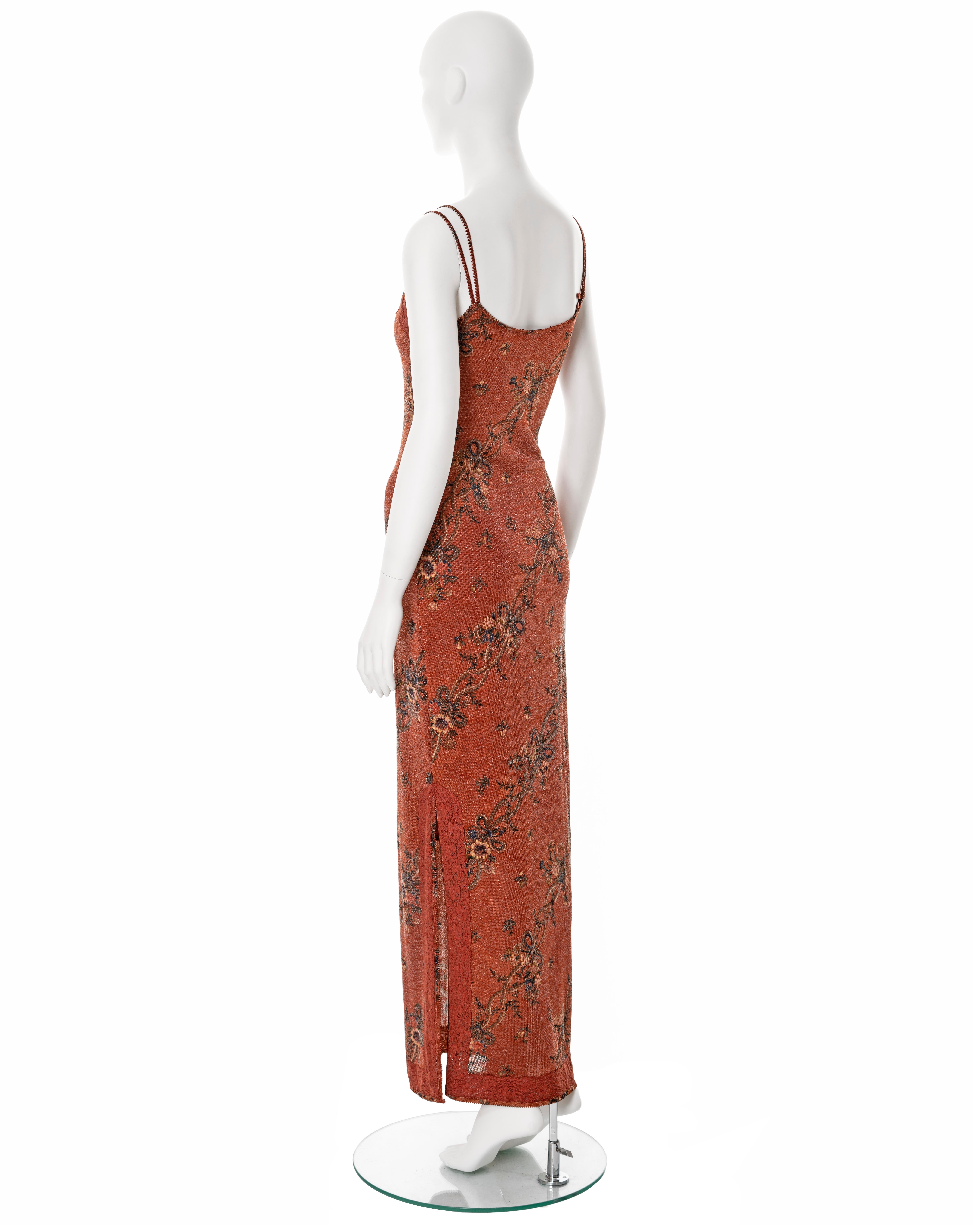 John Galliano metallic copper viscose knit with floral motif maxi dress, fw 2000 For Sale 4