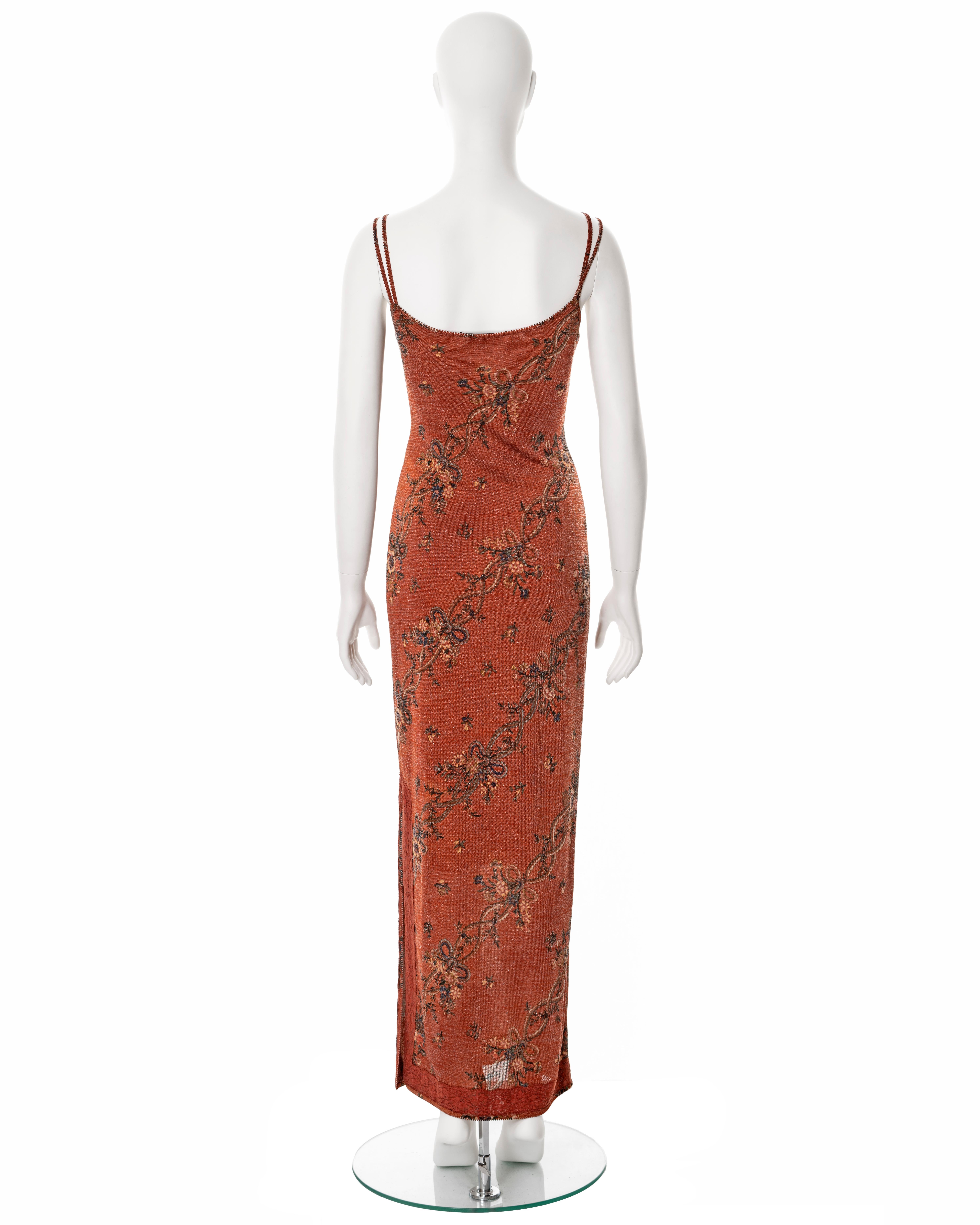 John Galliano metallic copper viscose knit with floral motif maxi dress, fw 2000 For Sale 5