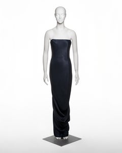 John Galliano Midnight Blue Crepe-Backed Satin Strapless Draped Dress, FW 1995