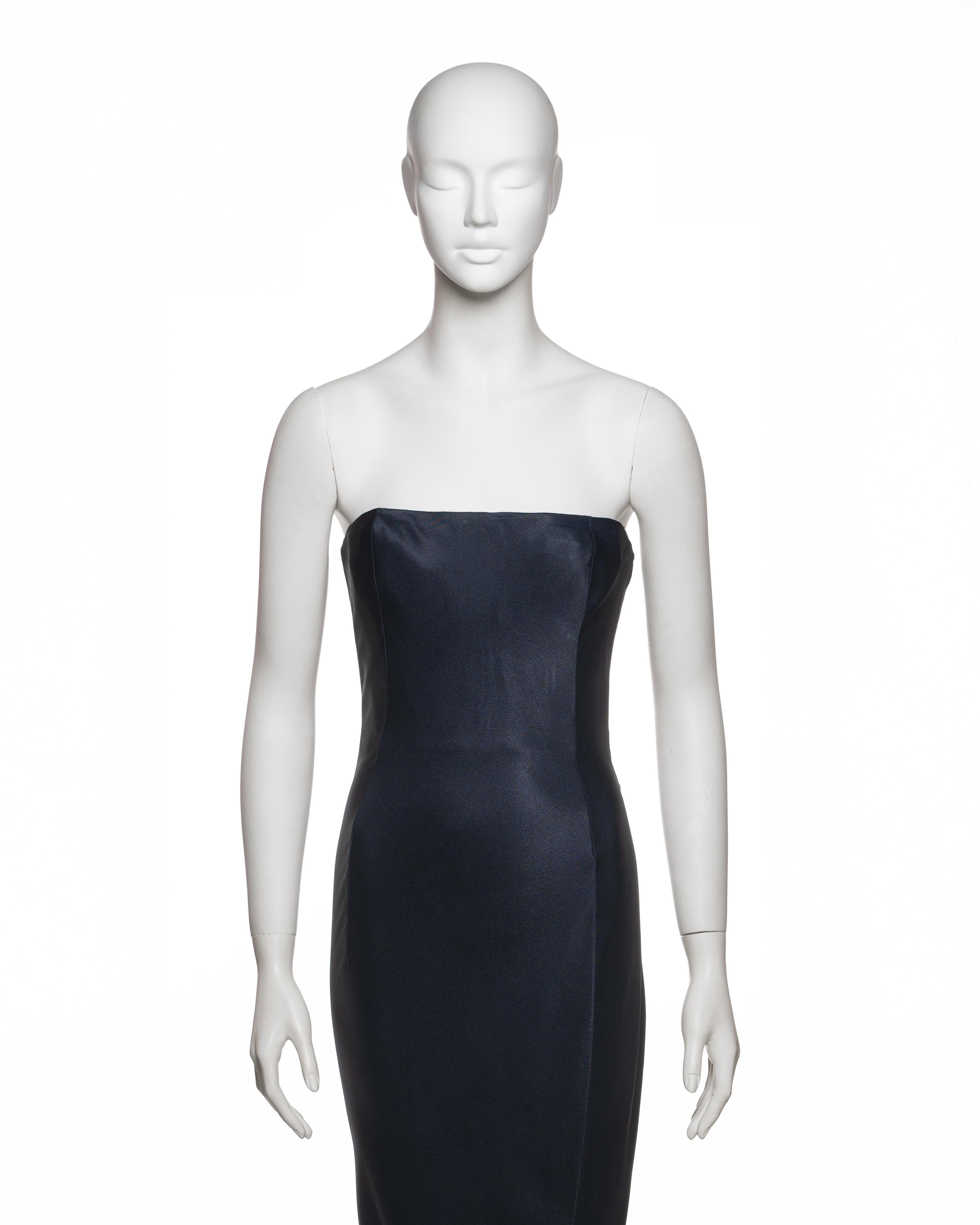 John Galliano Vestido drapeado sin tirantes de crepé satinado azul noche, FW 1995 Negro en venta