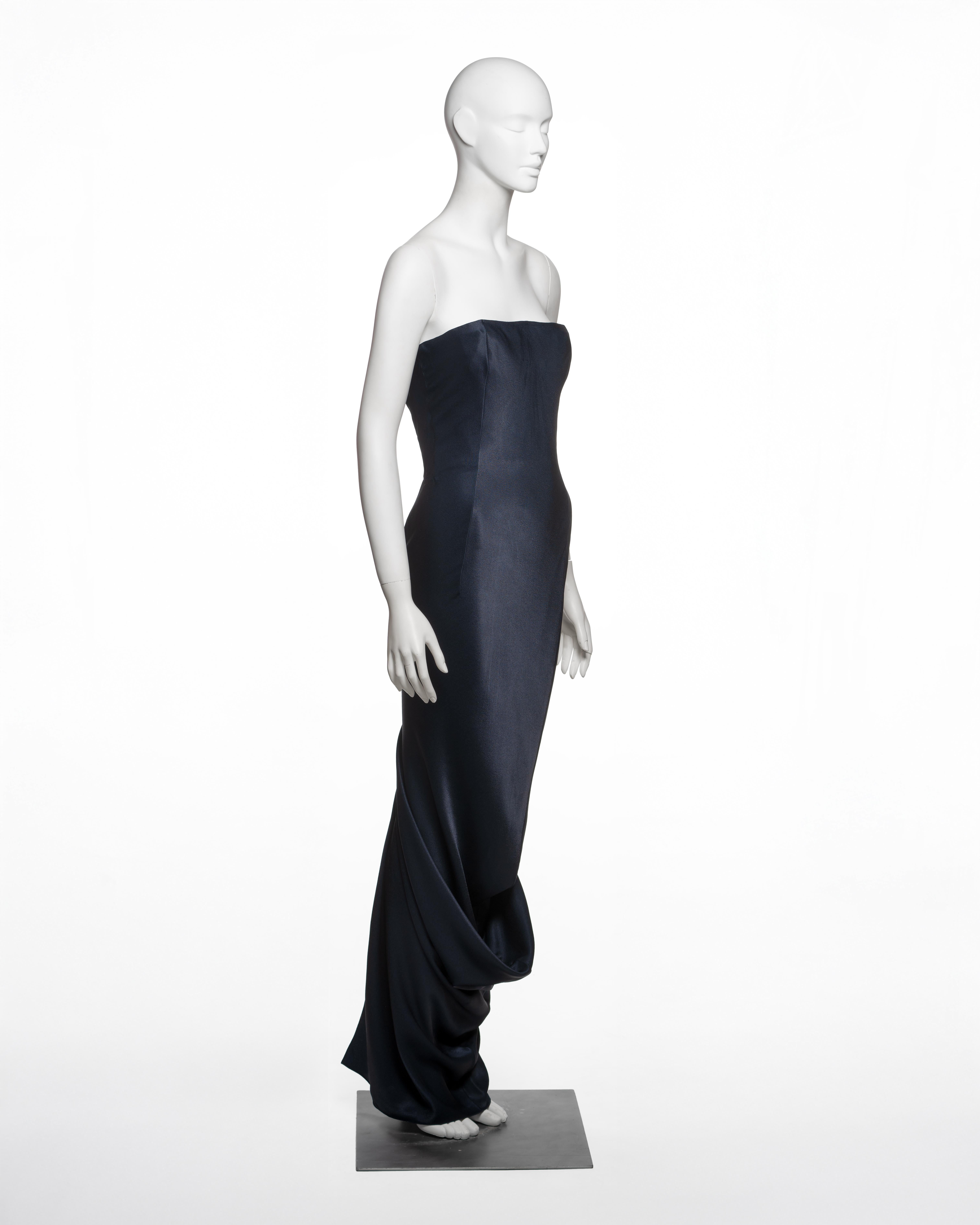 De las mujeres John Galliano Vestido drapeado sin tirantes de crepé satinado azul noche, FW 1995 en venta