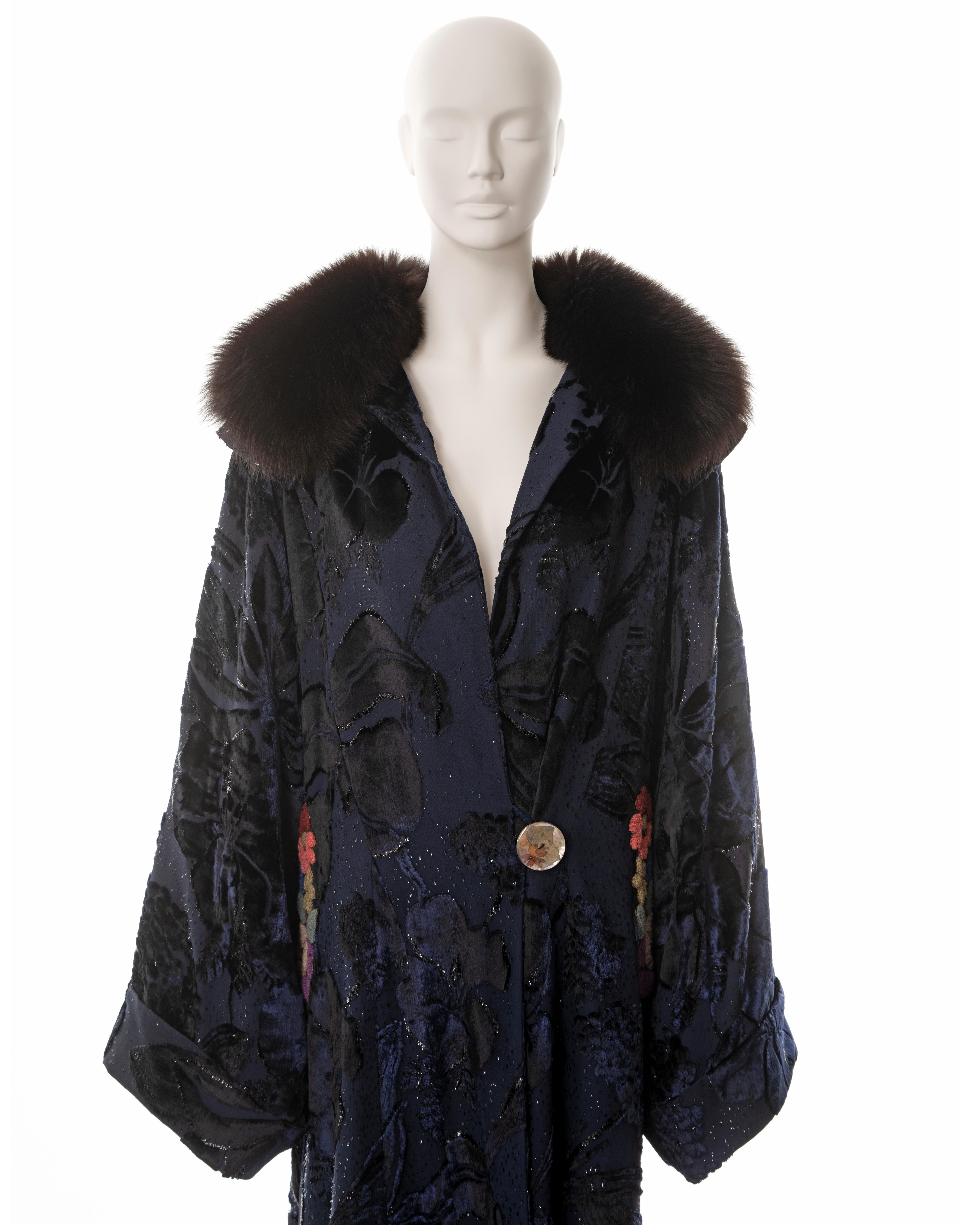 John Galliano midnight blue velvet devoré evening coat, fw 2000 In Excellent Condition In London, GB