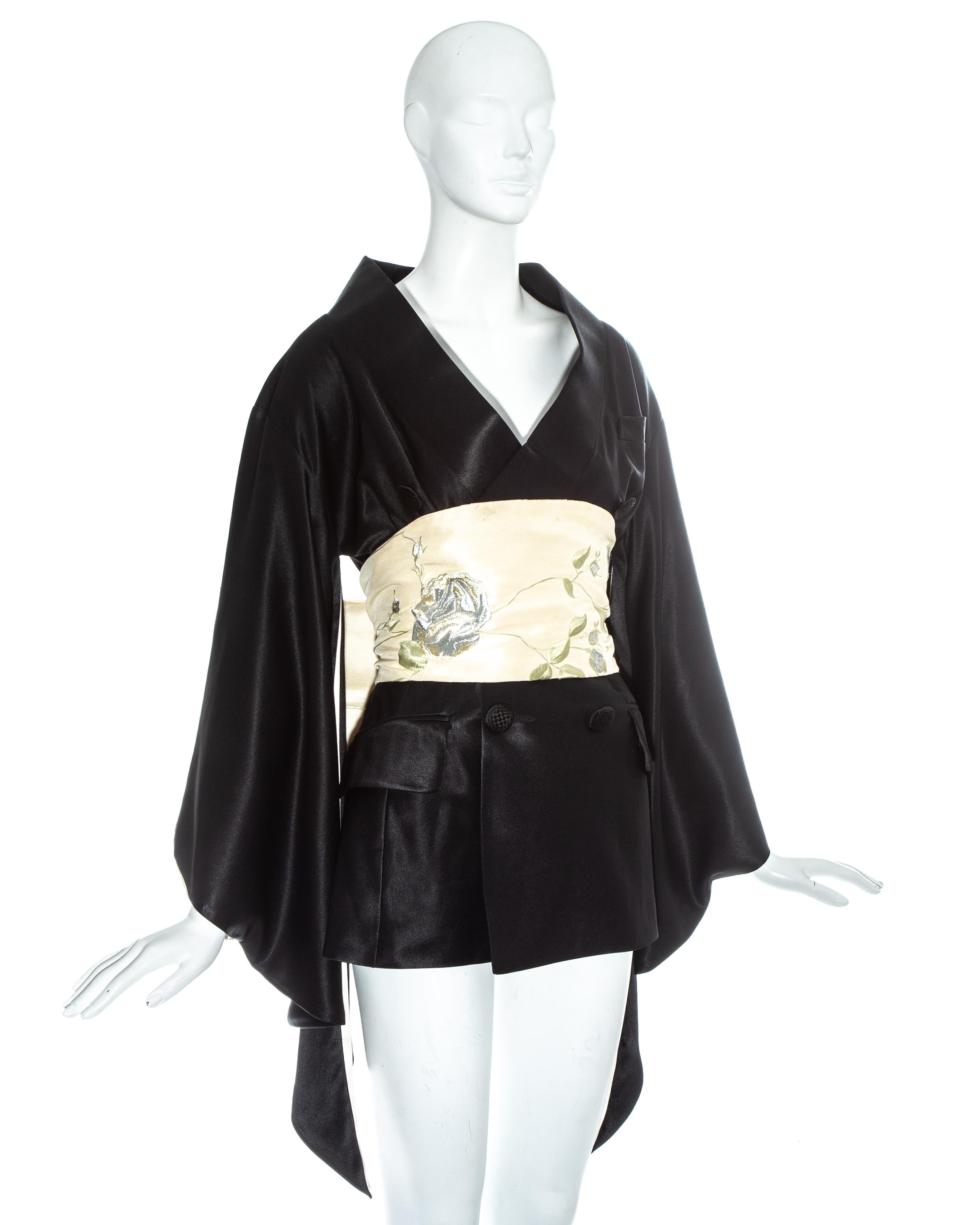 Black John Galliano Minimono / kimono mini dress with embroidered obi belt, fw 1994