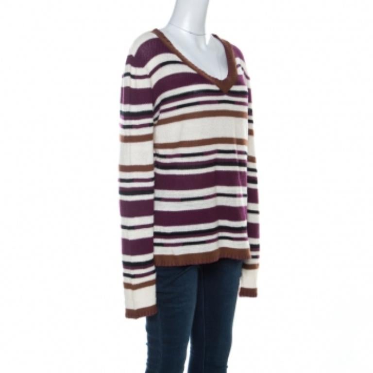 John Galliano Pull en maille crochet rayé multicolore L en vente 3