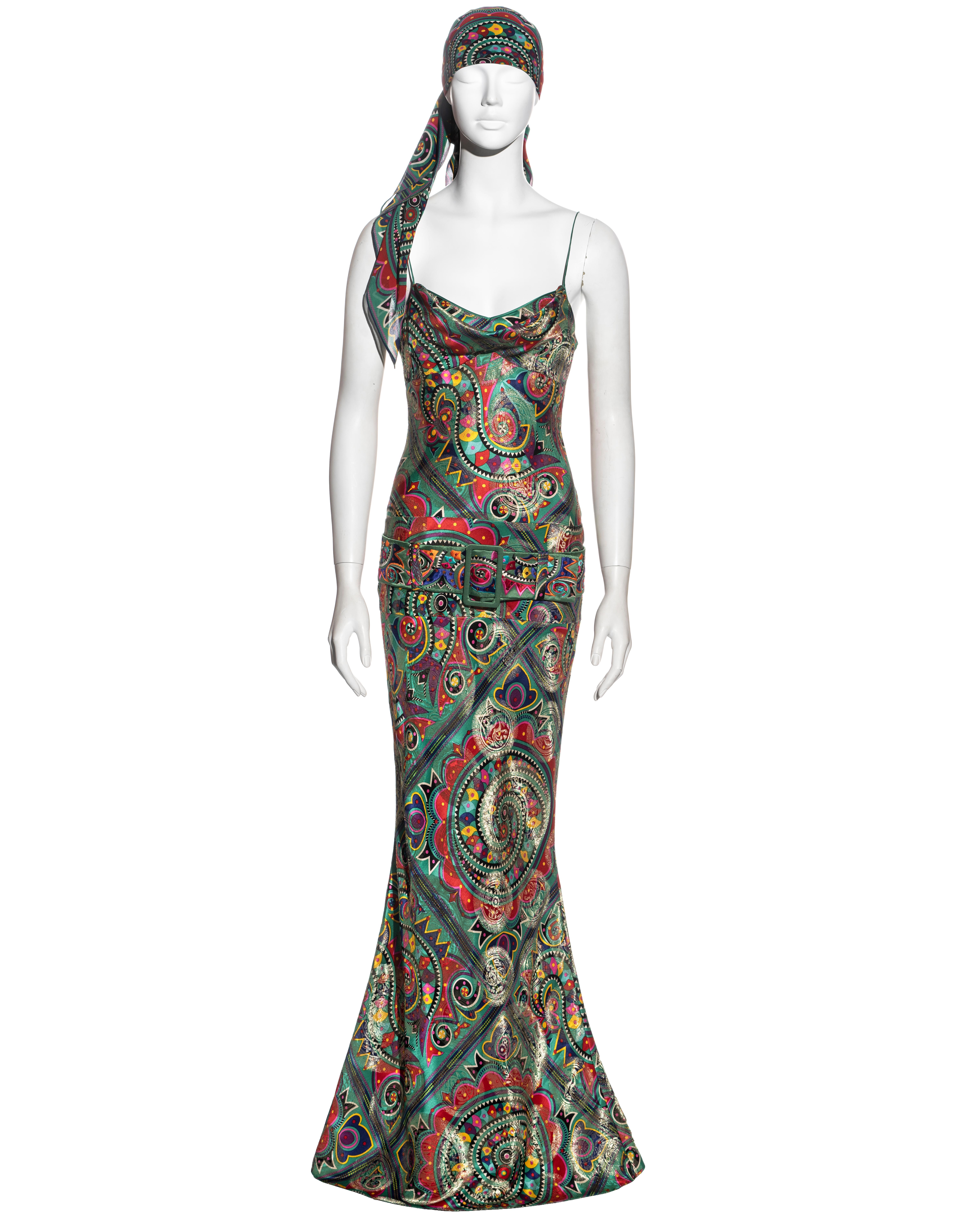 ▪ John Galliano evening dress 
▪ Sold by One of a Kind Archive
▪ Multicoloured silk jacquard with metallic metal thread 
▪ Cowl neck 
▪ Spaghetti straps 
▪ Embroidered belt at the lower waist
▪ Sold with matching silk chiffon headscarf 
▪ FR 36 - UK