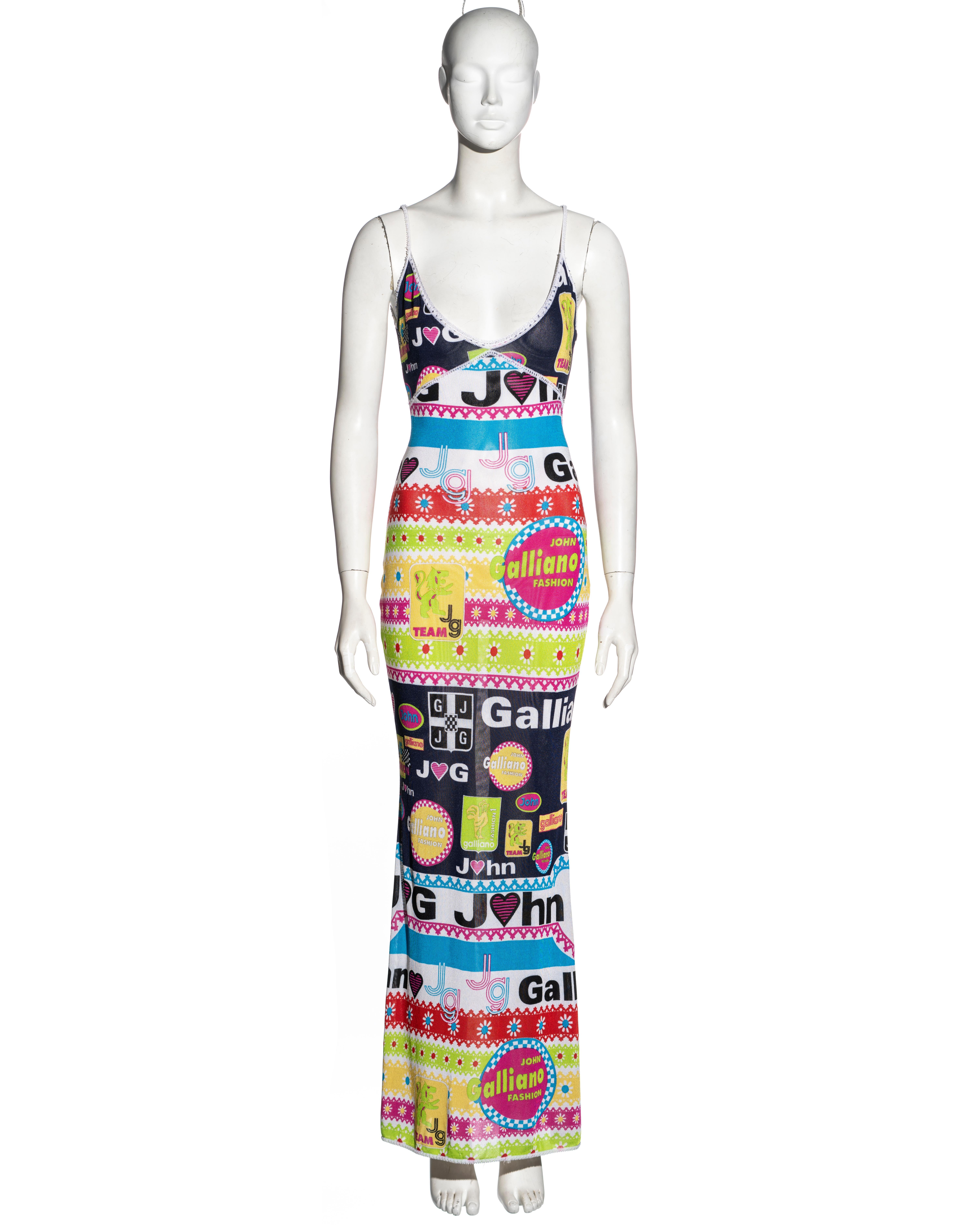 ▪ John Galliano maxi dress
▪ Sold by One of a Kind
▪ Constructed from a viscose knit with multicoloured Galliano branded artwork
▪ V-neck
▪ Spaghetti straps 
▪ Floor-length skirt
▪ Size Small
▪ Spring-Summer 2002
▪ 100% Viscose 
▪ Made in